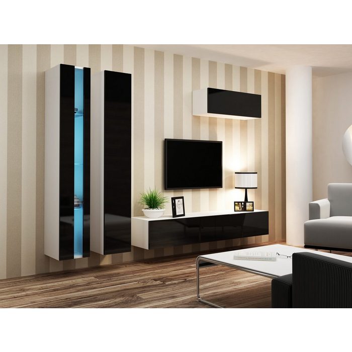 Stylefy Wohnwand Vago N I (Set (4-St) Wohnmöbel Wohnzimmer-Set) bestehend aus 1xLowboard 1xHängevitrine und 2xHängeschrank inkl. LED-Beleuchtung mit Push-to-Open