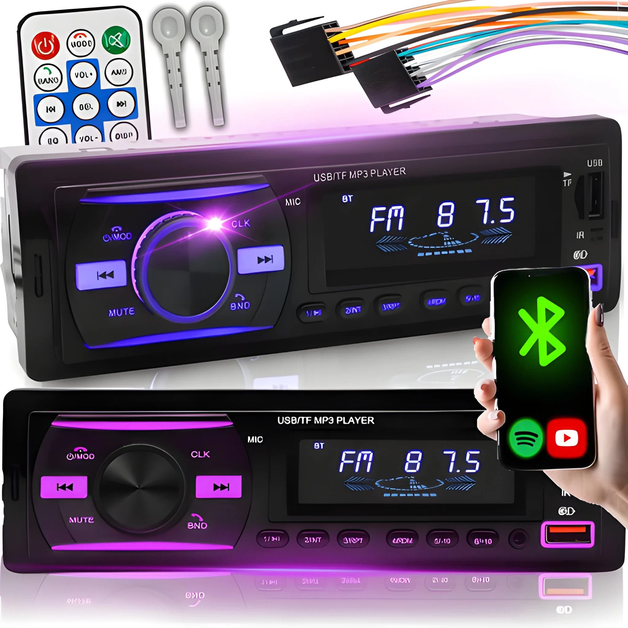 Athlix Auto Radio DAB+, Bluetooth, USB, Aux-Eingang, Sub-Out, Multicolour Autoradio (Freisprechfunktion, App-Steuerung, Schnellladung)