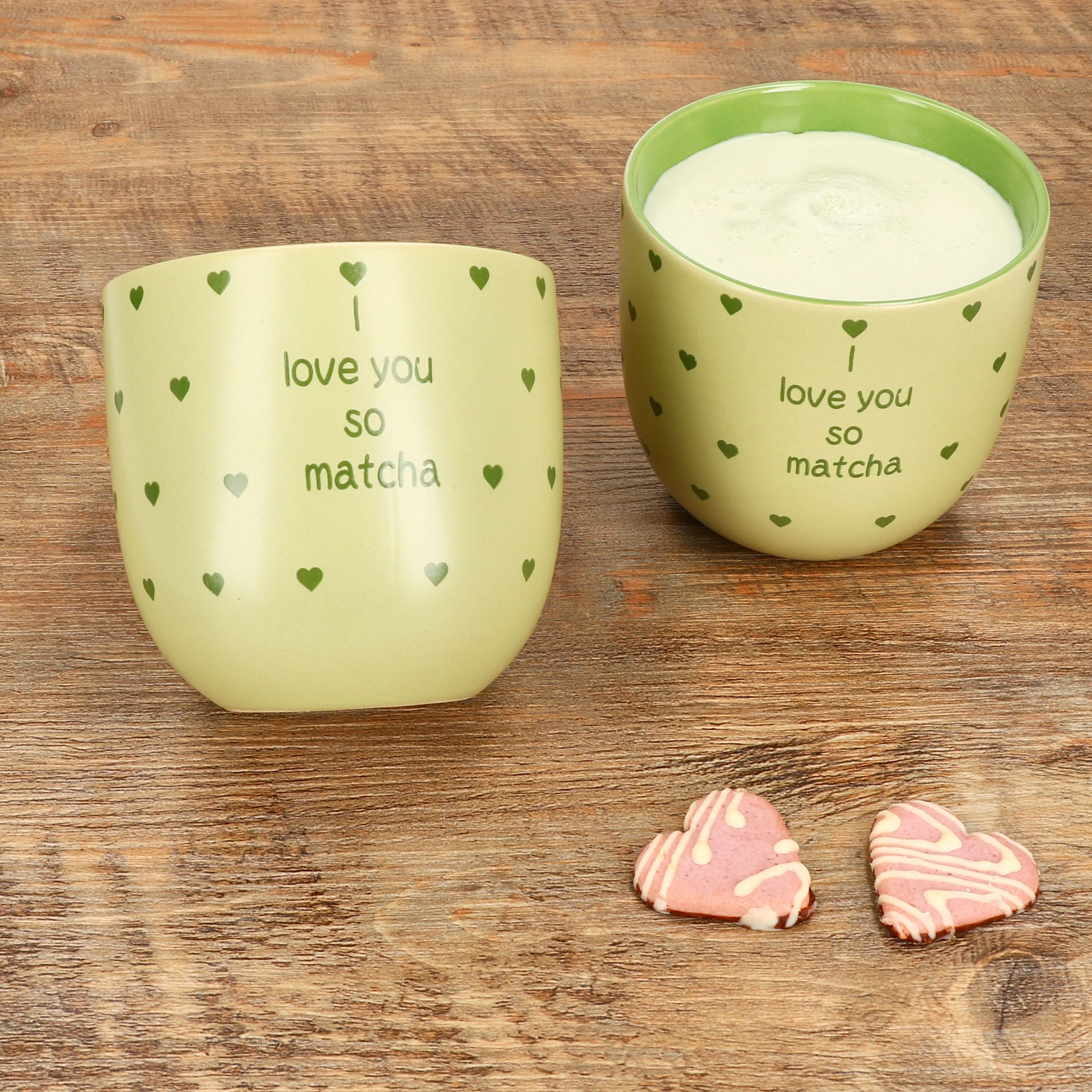 MamboCat Tasse 2x I Love Matcha Becher 370ml Steingut-Tassen 2 Personen Matcha-Drink, Steingut