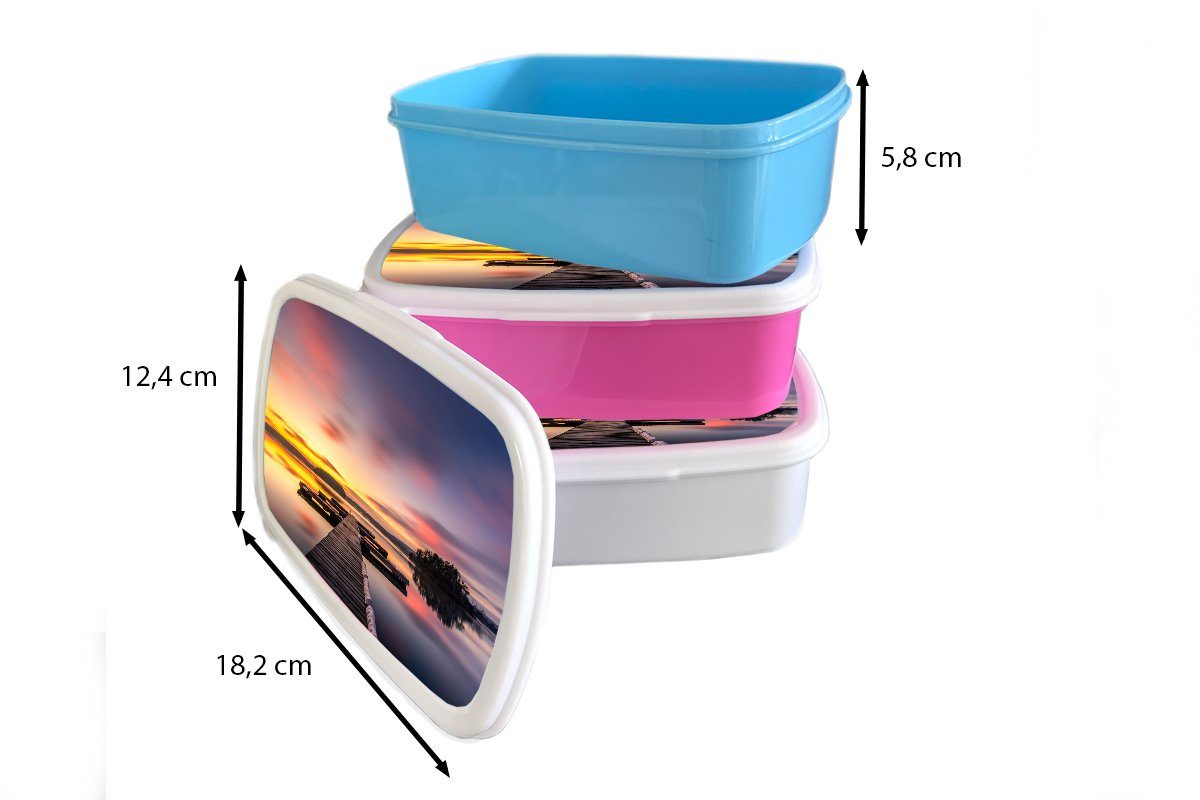 MuchoWow Lunchbox - Wasser Erwachsene, für weiß Kunststoff, Steg Meer für - und - (2-tlg), - Brotdose, Spiegelung, Brotbox Kinder Mädchen und Sonnenuntergang Jungs