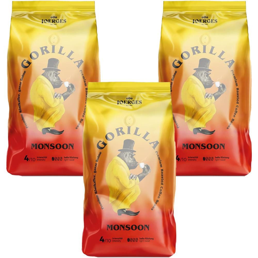 Gorilla Kaffee Joerges Monsoon 3x1kg Bohnen Arabica Kaffeebohnen, 3 x 1000 g, florale, leicht fruchtige und honigartige Noten