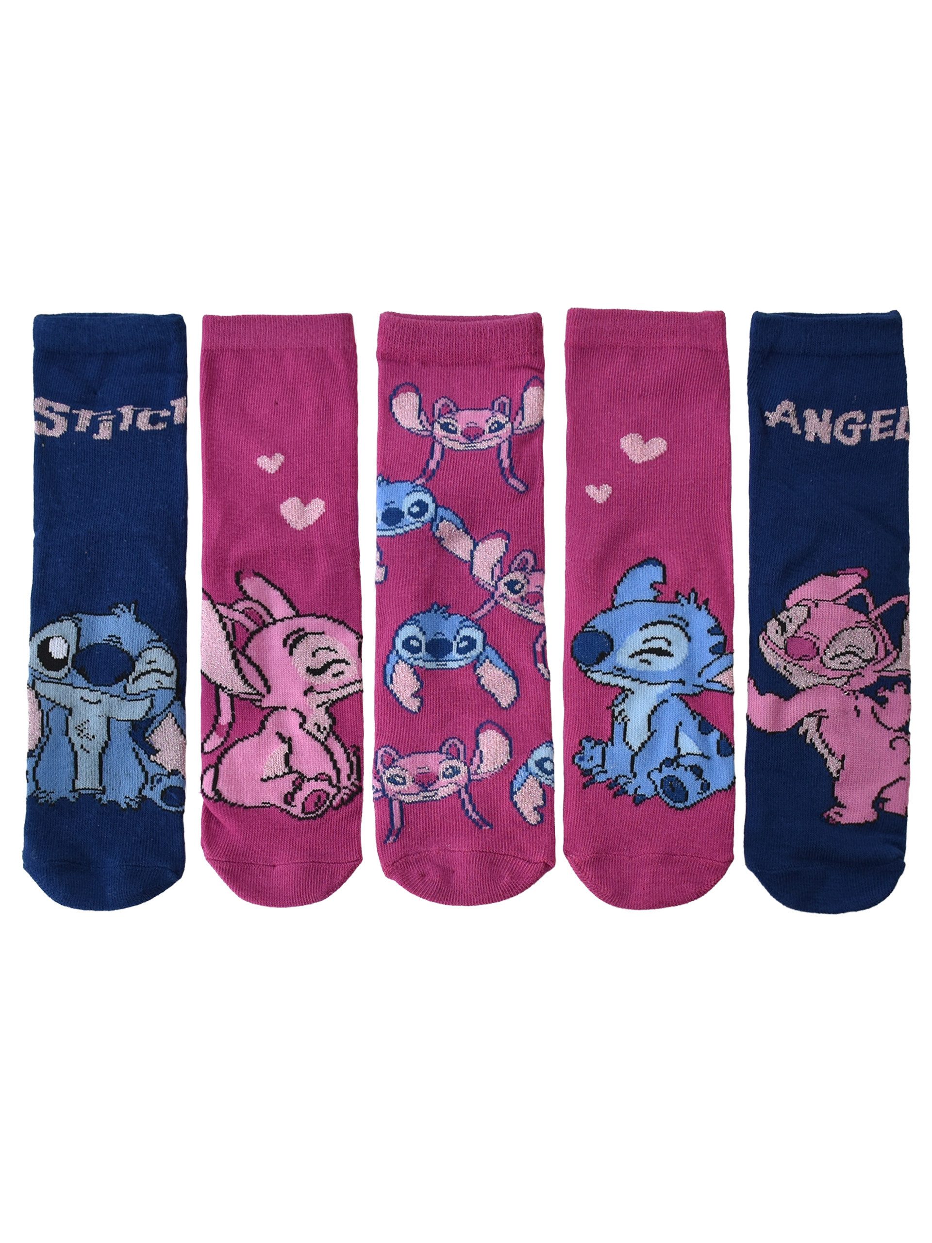 United Labels® Socken Disney Lilo & Stitch Socken Angel Söckchen Blau/Pink (5er Pack) Originallizenz