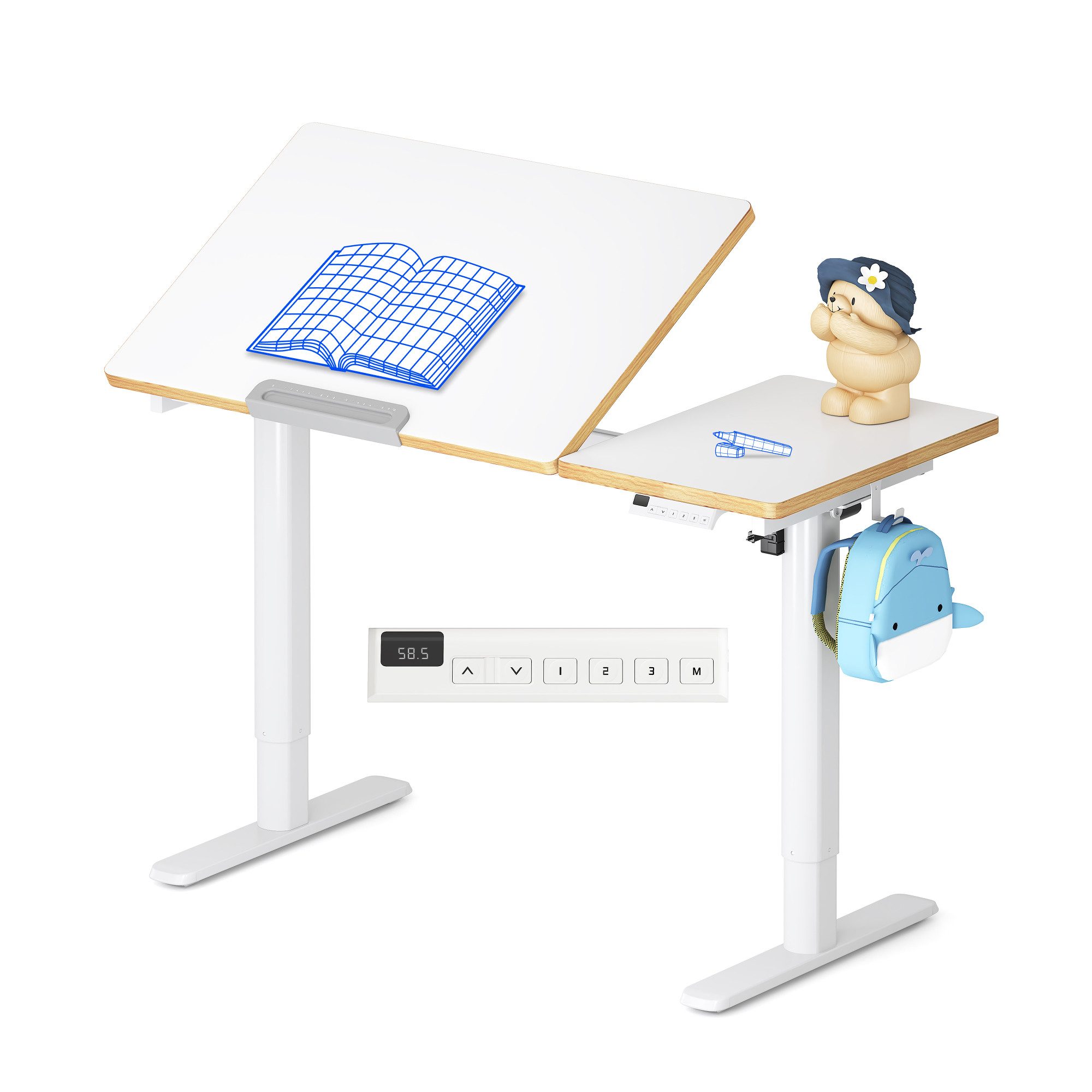 FLEXISPOT Schreibtisch Kinderschreibtisch Höhenverstellbar (mit neigbarer Tischplatte, mit LED-Höhenanzeige & 3 Speicherplätzen, MIT Haken, 16mm Abgerundete Столыcken), Kindersicherung, für Kinder ab 6 Jahren