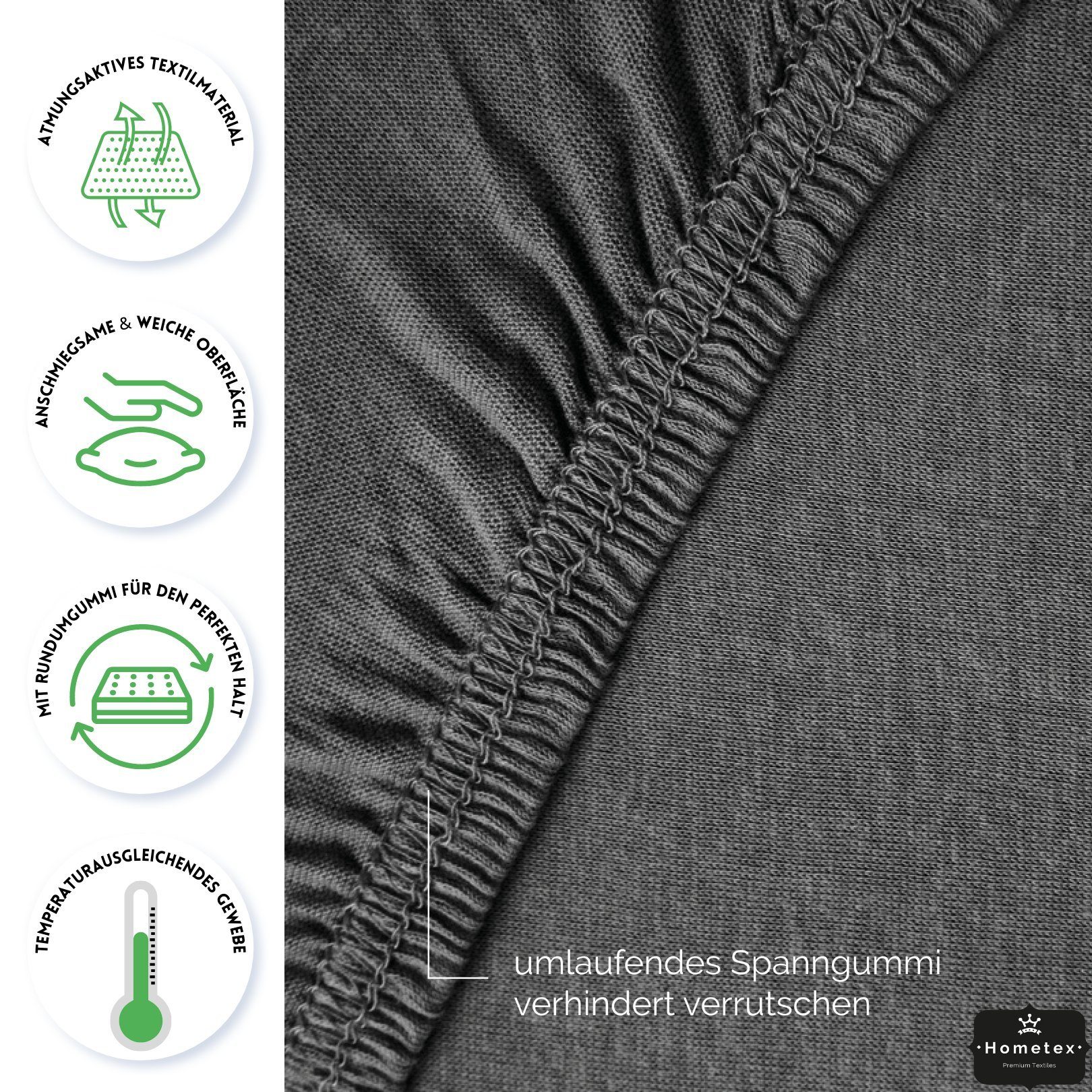 Hometex Spannbetttuch Feinste cm Textiles, Qualität g/m², Baumwolle Exclusive Jersey, 160 Gummizug: aus Bettlaken rundum 100% Premium Anthrazit Spannbettlaken - Spannbettlaken Premium 25 Steghöhe, bis Baumwolle,