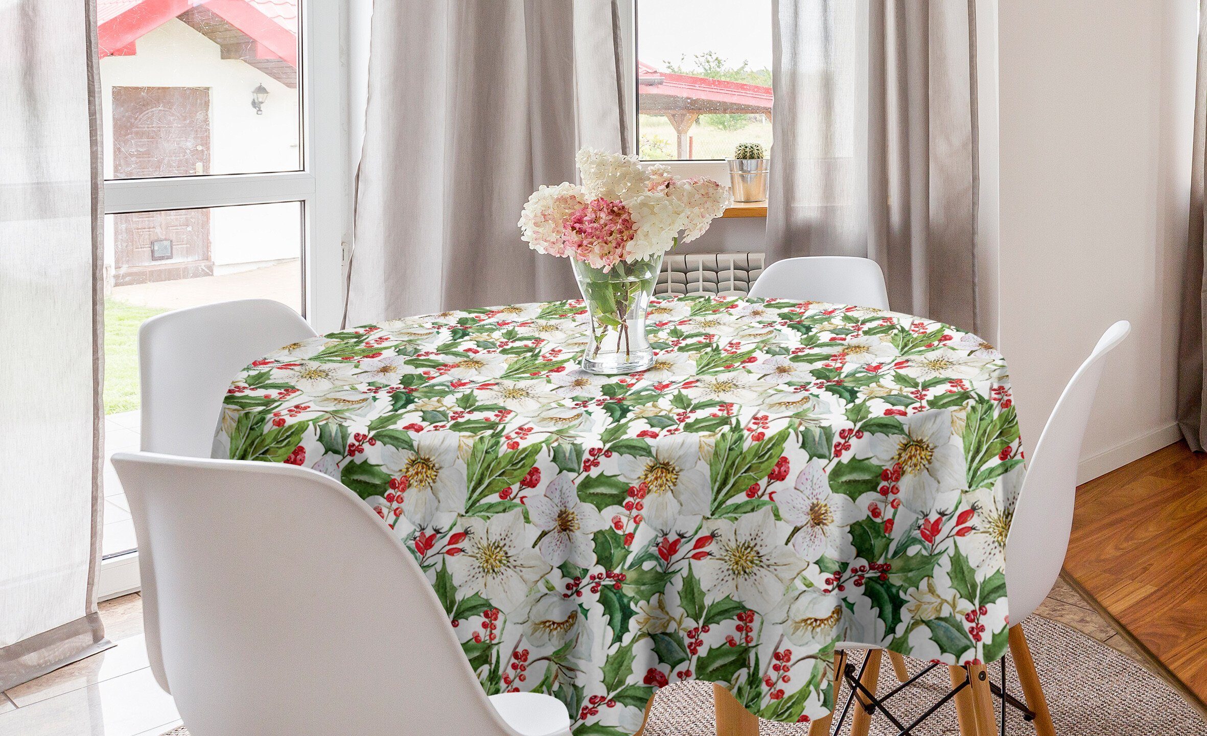 Tischdecke für Kreis Poinsettia-Muster Küche Aquarell Abdeckung Abakuhaus Dekoration, Tischdecke Esszimmer