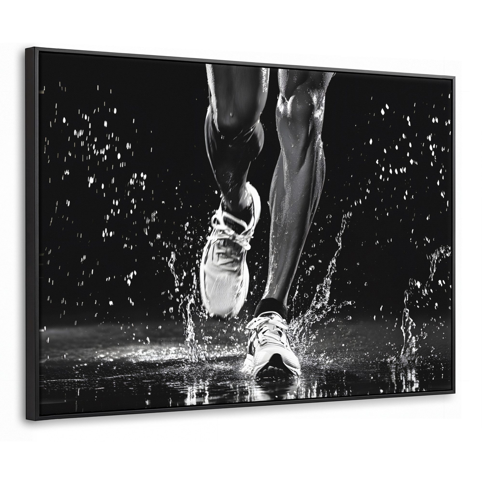 OneMillionCanvasses® Leinwandbild mit Rahmen - Laufschuhe - Laufen - Drops - Schwarz, Fotodruck (1 St), Canvas Wandbild, Schattenfugenrahmen, Wanddekoration 80x60cm