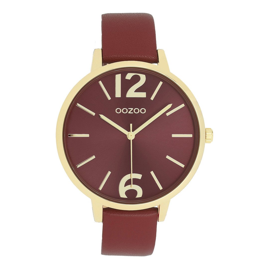 Quarzuhr Damenuhr C11691 Dark Bordeaux Goldfarben Lederband 43 mm