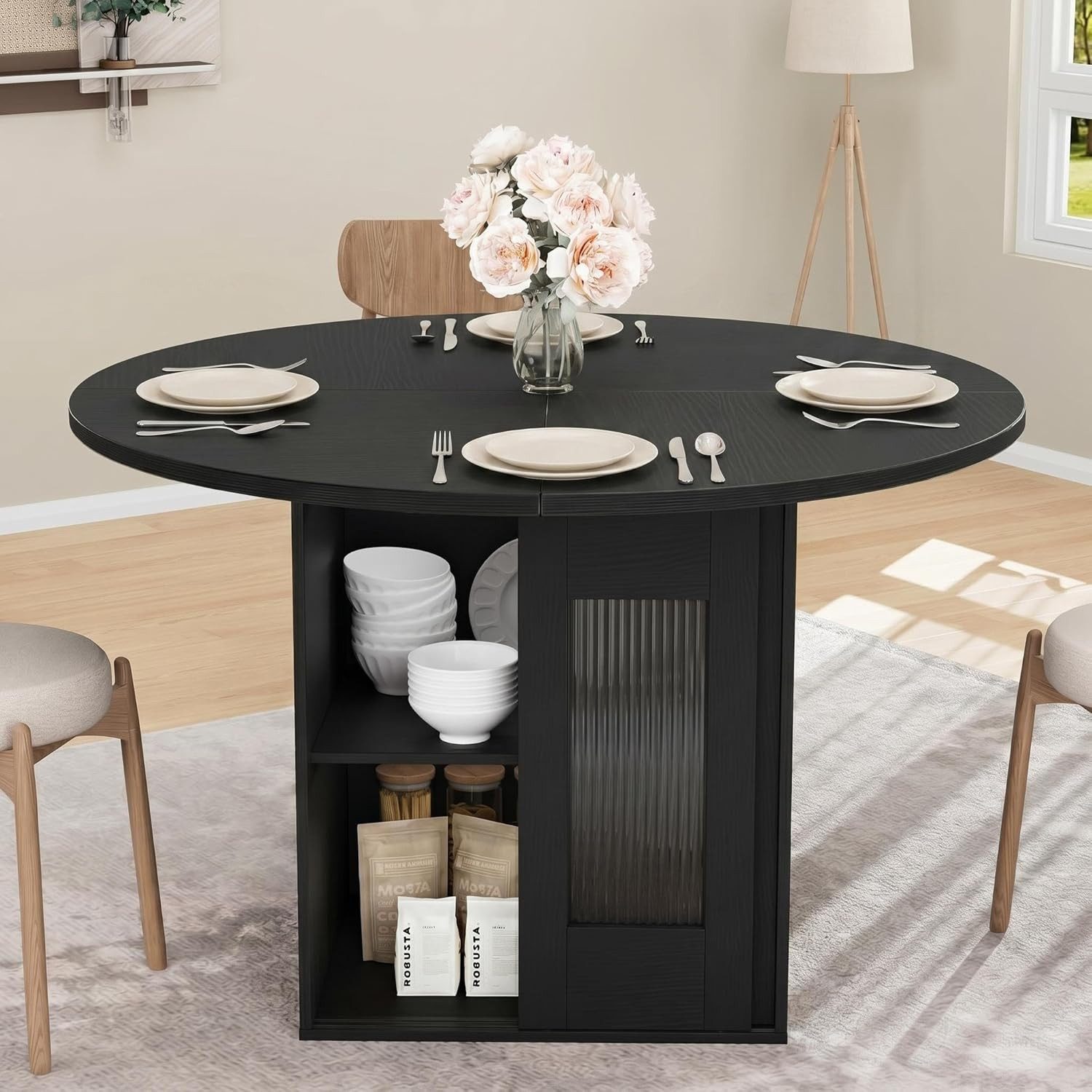 GarveeMore Esstisch Runder Küchentisch mit Stauraum Platz für 4–6 Personen Wohnzimmertisch (1-St), 2-stufiges Regal und Schiebetür für Esszimmer, Küche oder Wohnzimmer