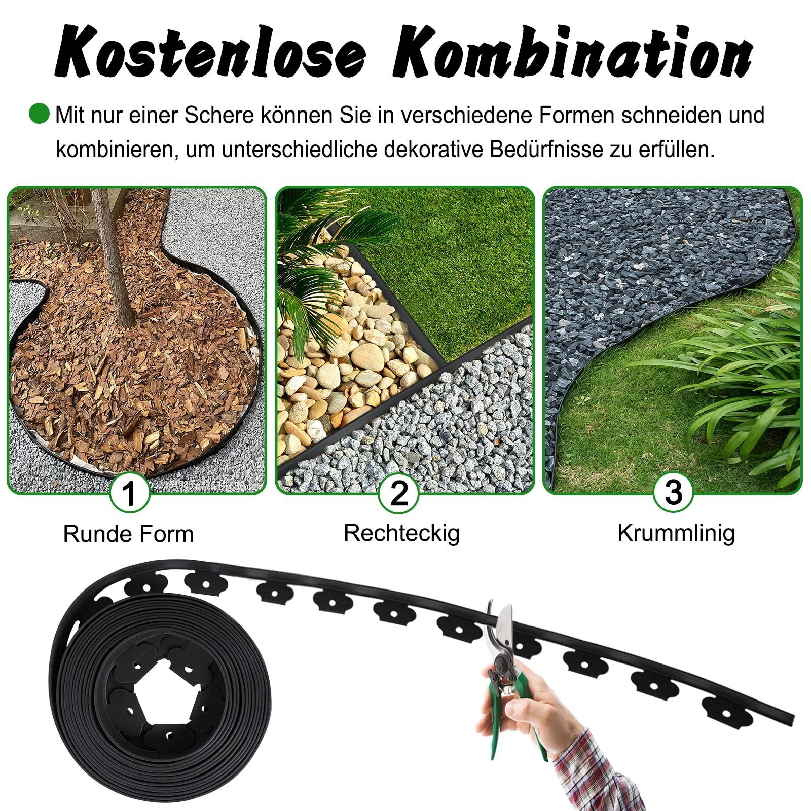 FIVMEN Rasenkante Rasenkante Kunststoff 10m Flexible Beetumrandung Wurzelsperre System, Schwarz/Hellgrau/Grün, Beeteinfassung blumenbeet Umrandung mit 30 Befestigungsnägeln
