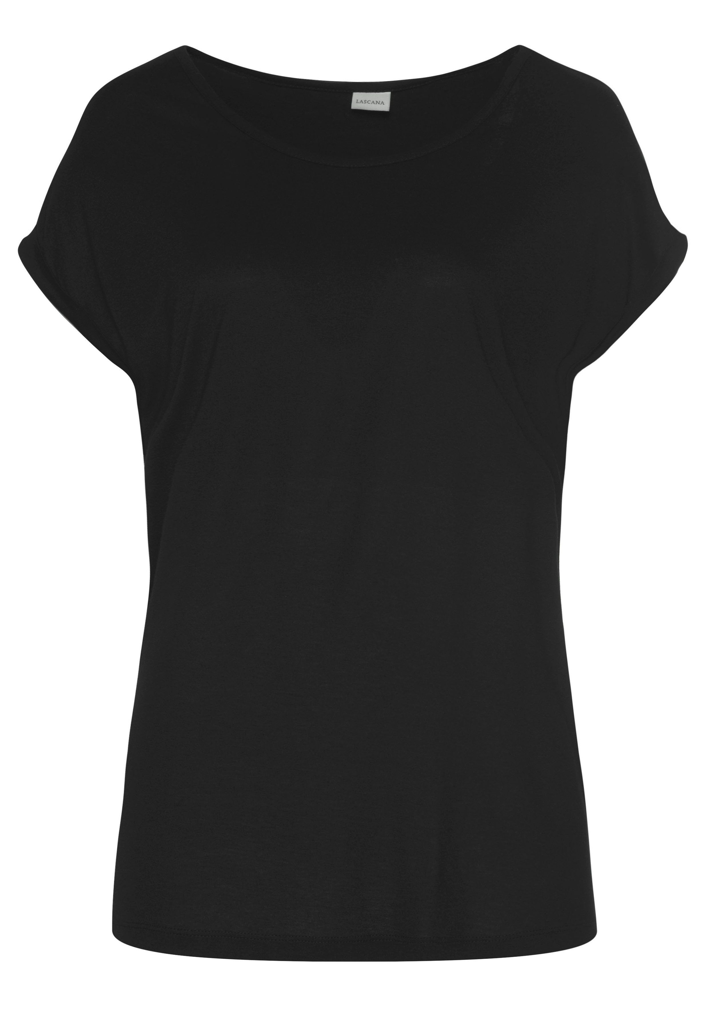 LASCANA Kurzarmshirt mit Rundhalsausschnitt, Jerseyware, Ärmelaufschlag, Basic. Reduzierter Preis € 19,90. Unverbindliche Preisempfehlung € 29,99