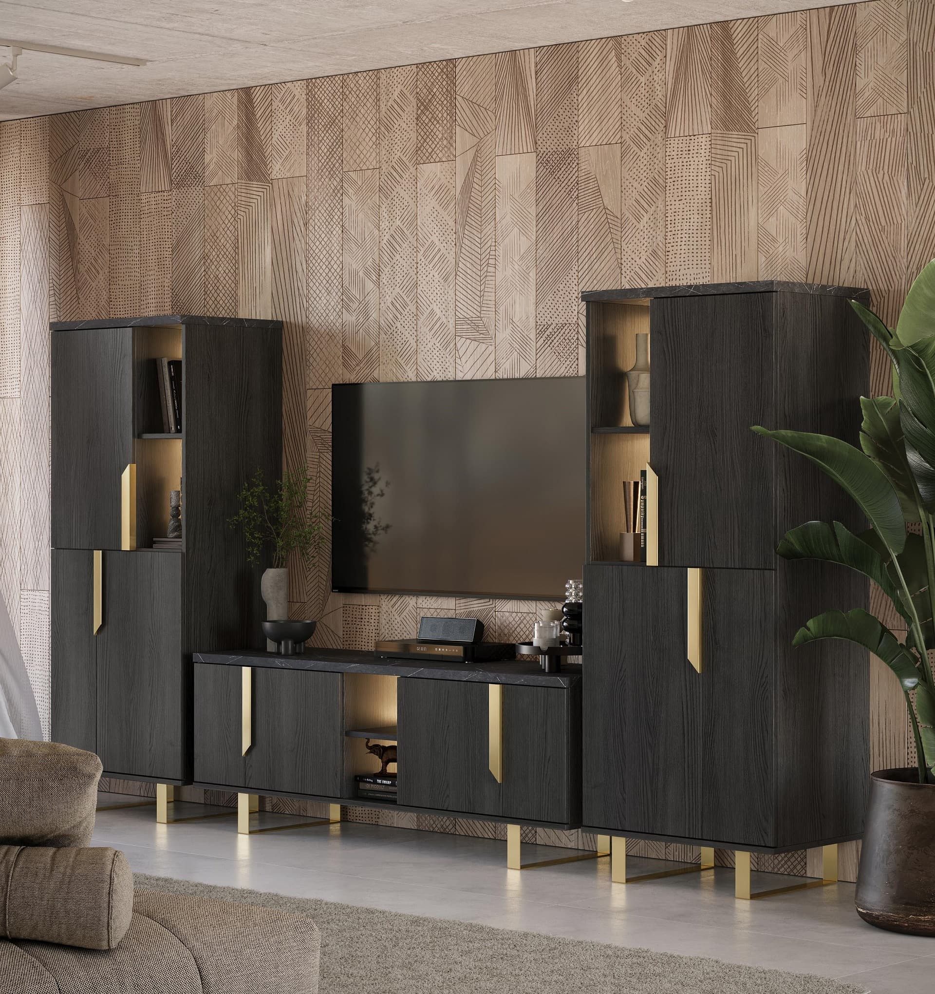 Interdesign24 Wohnwand Orion, (in dunkler Rosenholzoptik mit Marmoroptik und goldfarbenen Griffen, 3-Teilig), Made in Italy