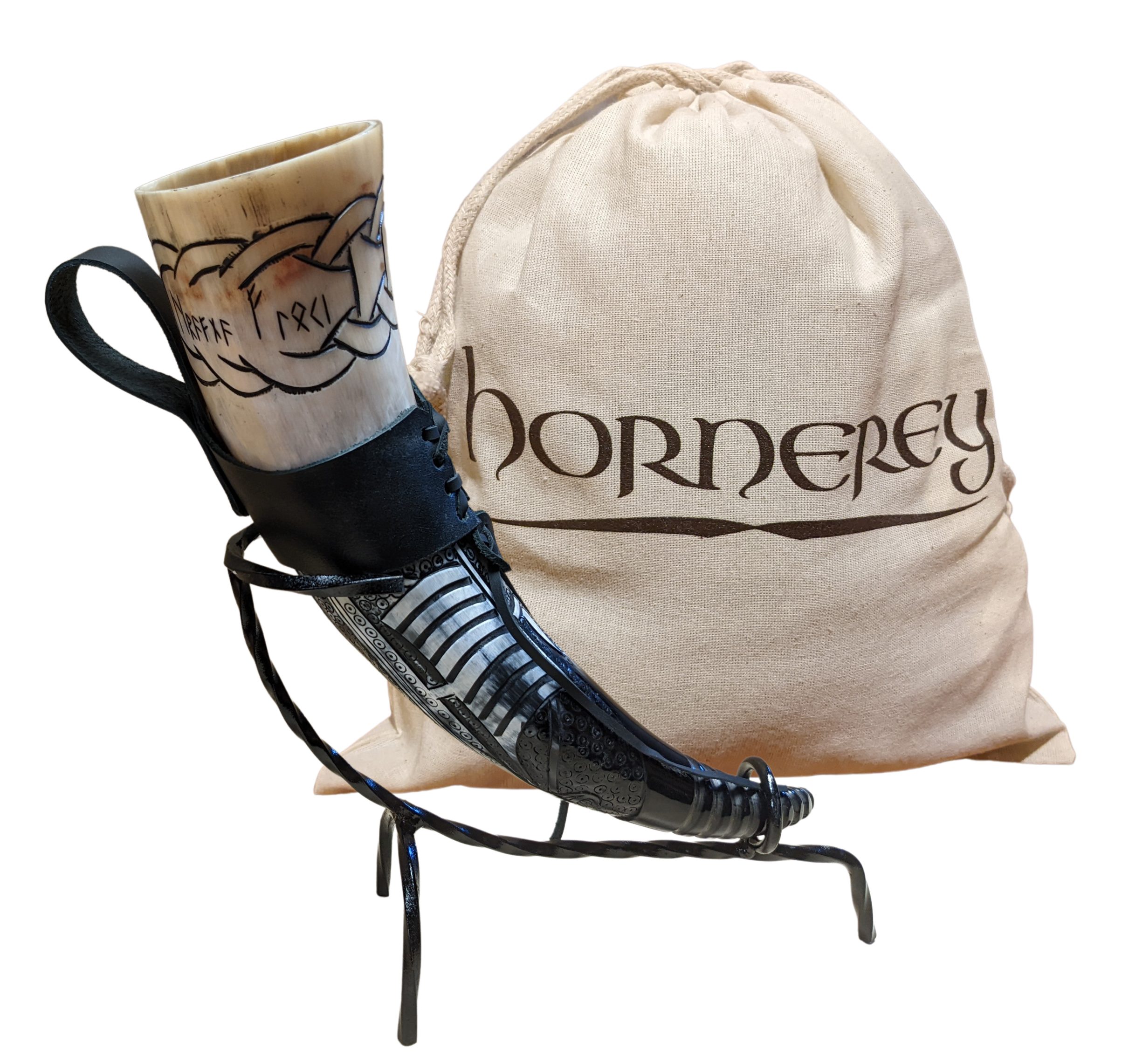 hornerey Bierkrug Trinkhorn "Floki's Horn", Set mit Ständer und Gürtelhalter, 3-tlg.