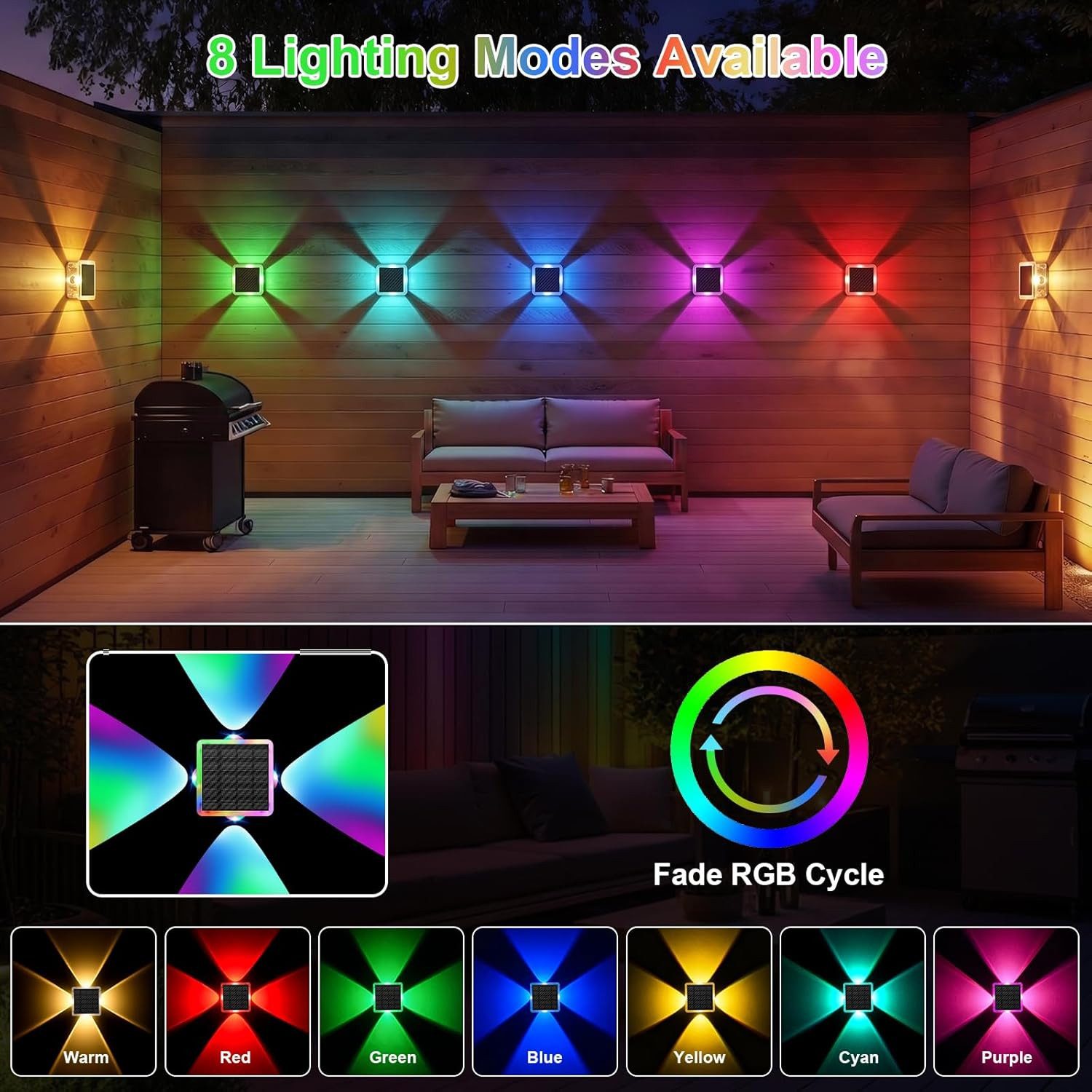 Vornix LED Außen-Wandleuchte Solar nfür, Up and Down Solarlampen für Außen Wand, 2/4 Stück, IP66 Wasserdicht, 4 LEDs, 8 Farbmodi Solarleuchten für Garten Hof Terrassen Balkone Veranden