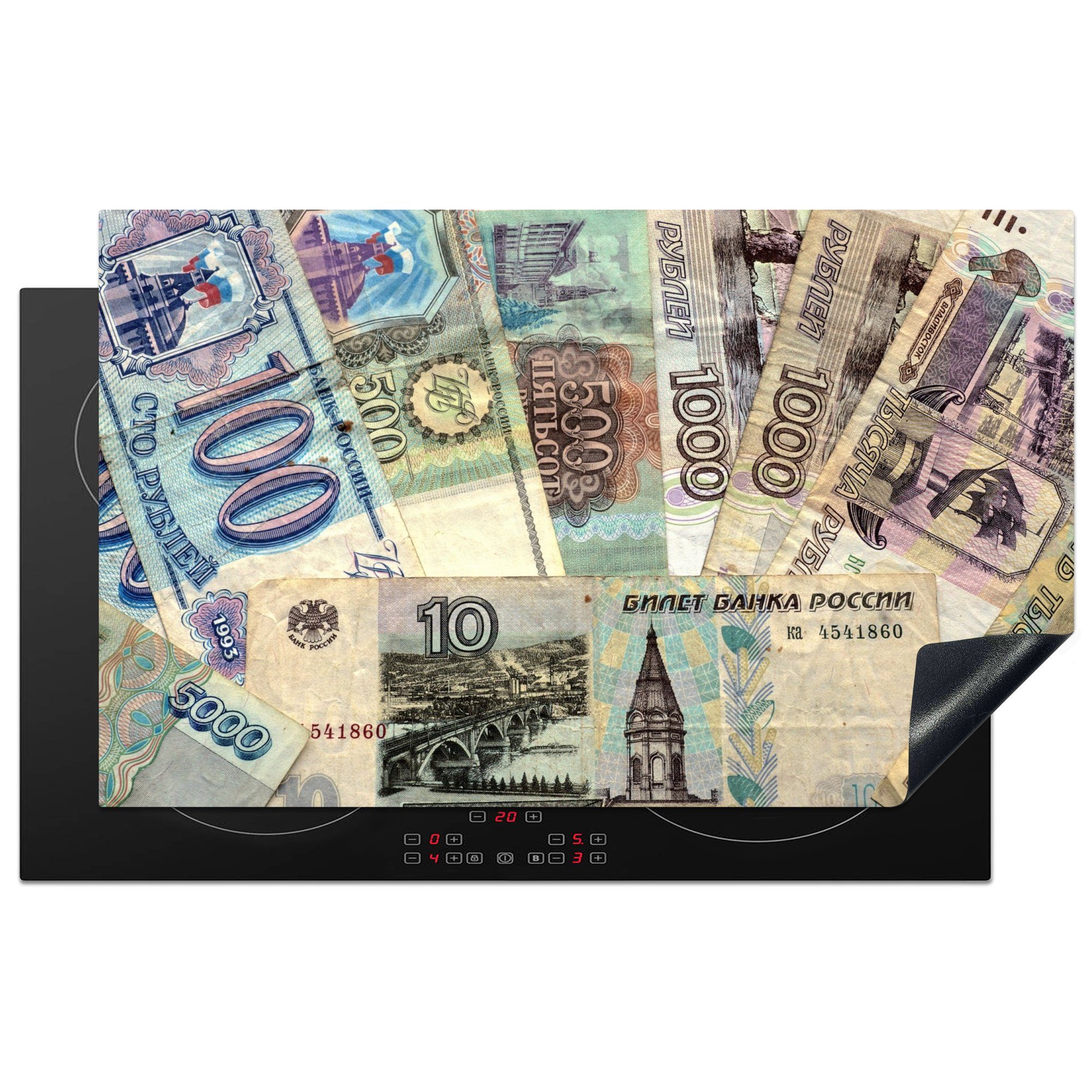 MuchoWow Herdblende-/Abdeckplatte Die Banknoten des russischen Rubels, Vinyl, (1 tlg), 83x51 cm, Ceranfeldabdeckung, Arbeitsplatte für küche