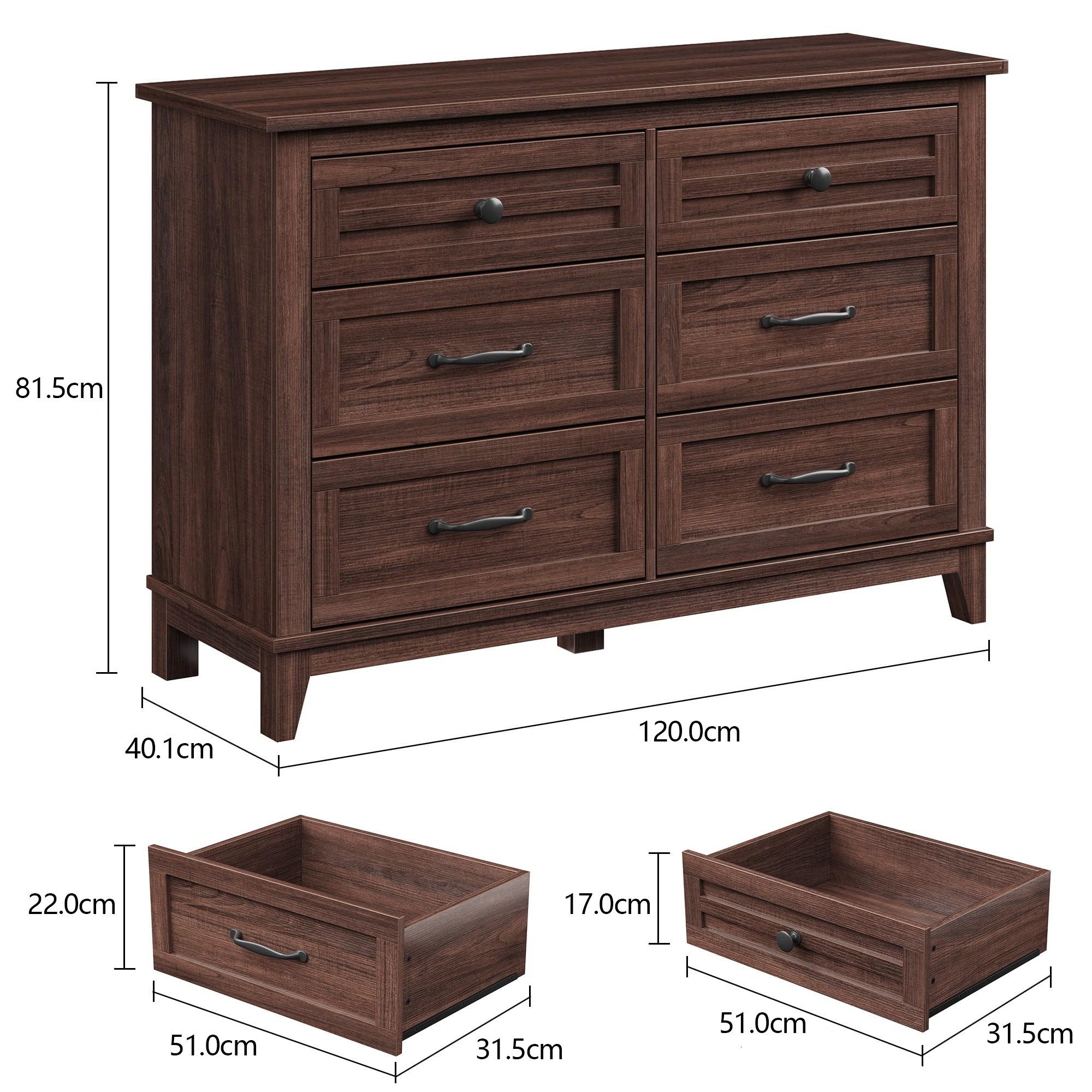 GarveeMore Kommode Schubkastenkommode Holzschrank Kombikommode Sideboard Lowboard TV-Bank, 6 Schubladen Holzkommoden Nachtkommode großem Stauraum, 120×40×82 cm