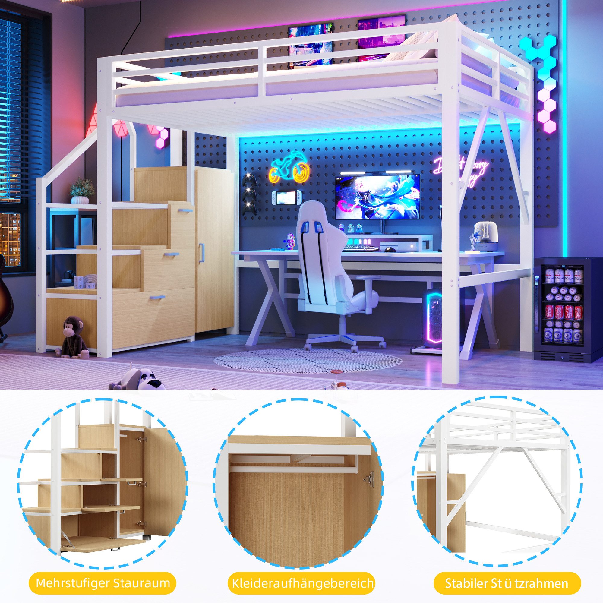 Merax Hochbett 140x200cm mit LED-Beleuchtung inkl. App-Steuerung (Jugendbett Einzelbett, 1-St) Metallbett Kinderbet mit Kleiderschrank Treppe Regalfächern Staur – Bild 4 von 5