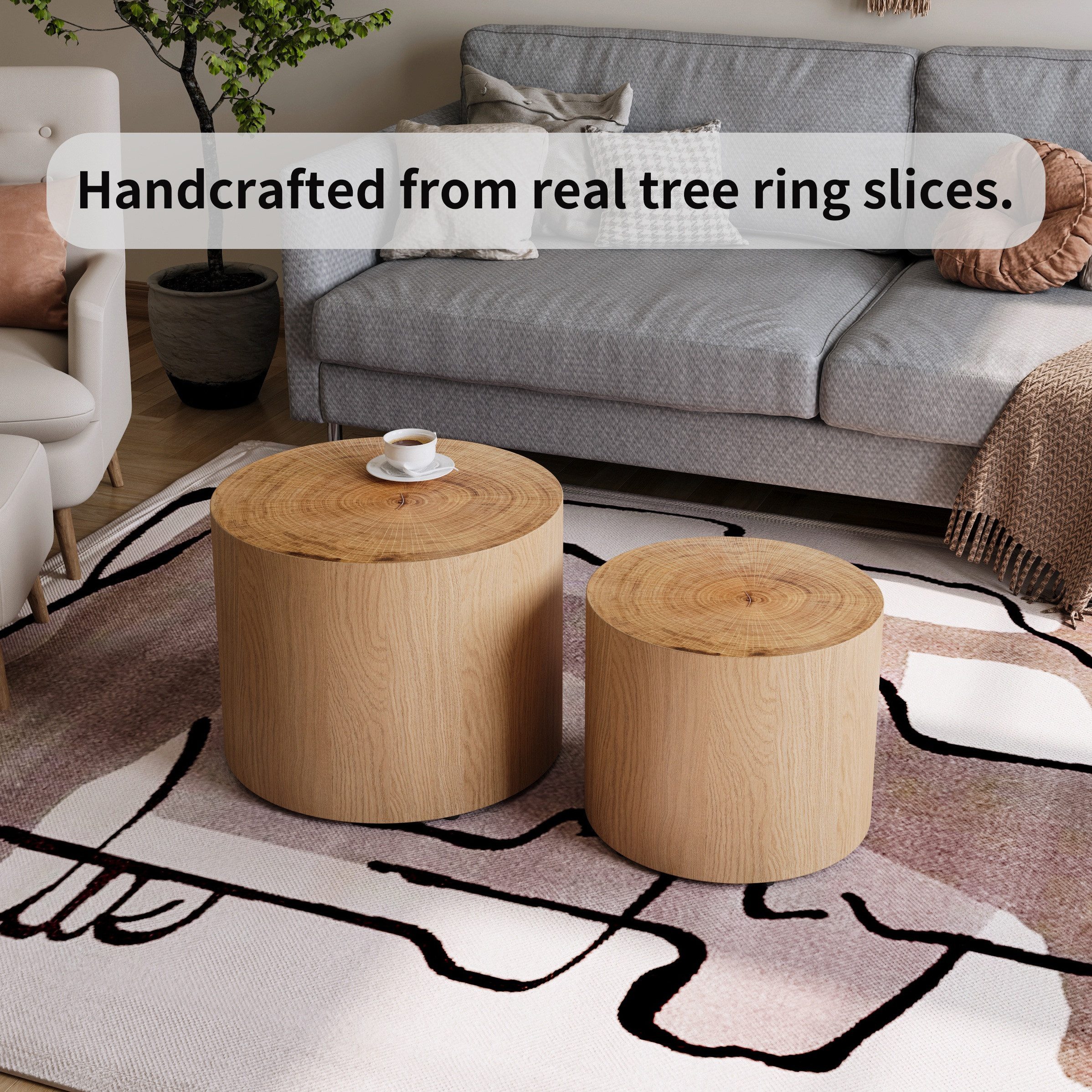 BlingBin Couchtisch 2er-Set runde Beistelltische, Nested Coffee Table,Holzoptik,Sofatisch (2er Set, 2-St., Ø48 cm / Ø38 cm), Nisttische für Wohnzimmer Schlafzimmer Balkon,Farmhouse