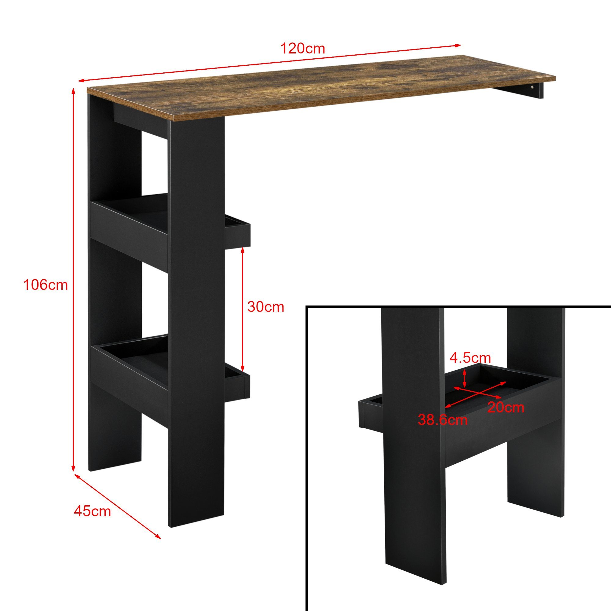 Stehtisch schwarz 120x45x106cm Bromölla Schwarz/Eiche Bartisch, holzfarben en.casa - dunkel