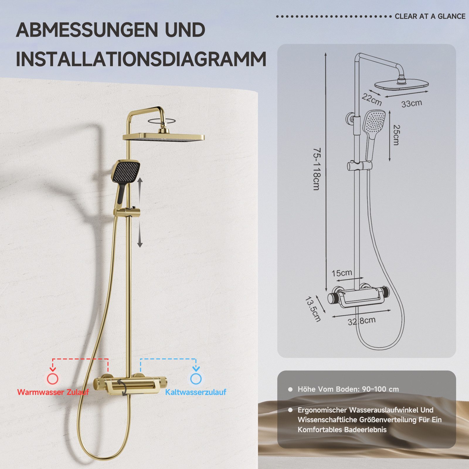 Oihpaw Duschsystem Premium Duschsäulen-Set 3in1, 330x220mm Regendusche mit Thermostat, Höhe 118 cm, 3 Strahlart(en), 360° verstellbar & 3-Strahl-Handbrause mit Anti-Kalk-Düsen