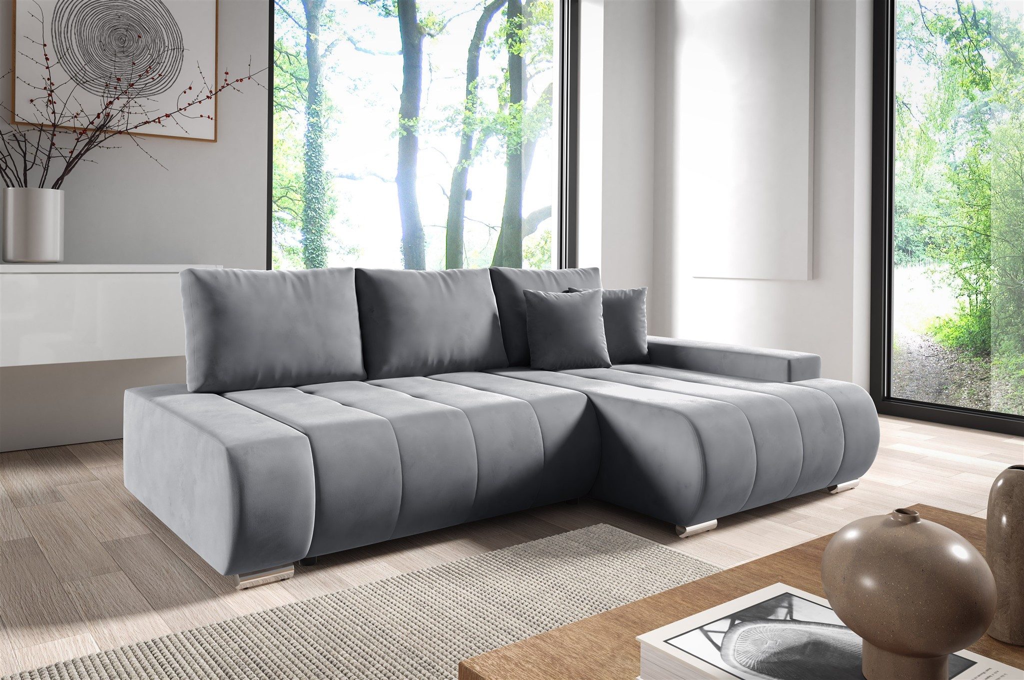 Fun Möbel Ecksofa Schlafsofa Sofa FUN DARIO in Velourstoff Monolith, Ottomane Links oder Rechts, Rundumbezug