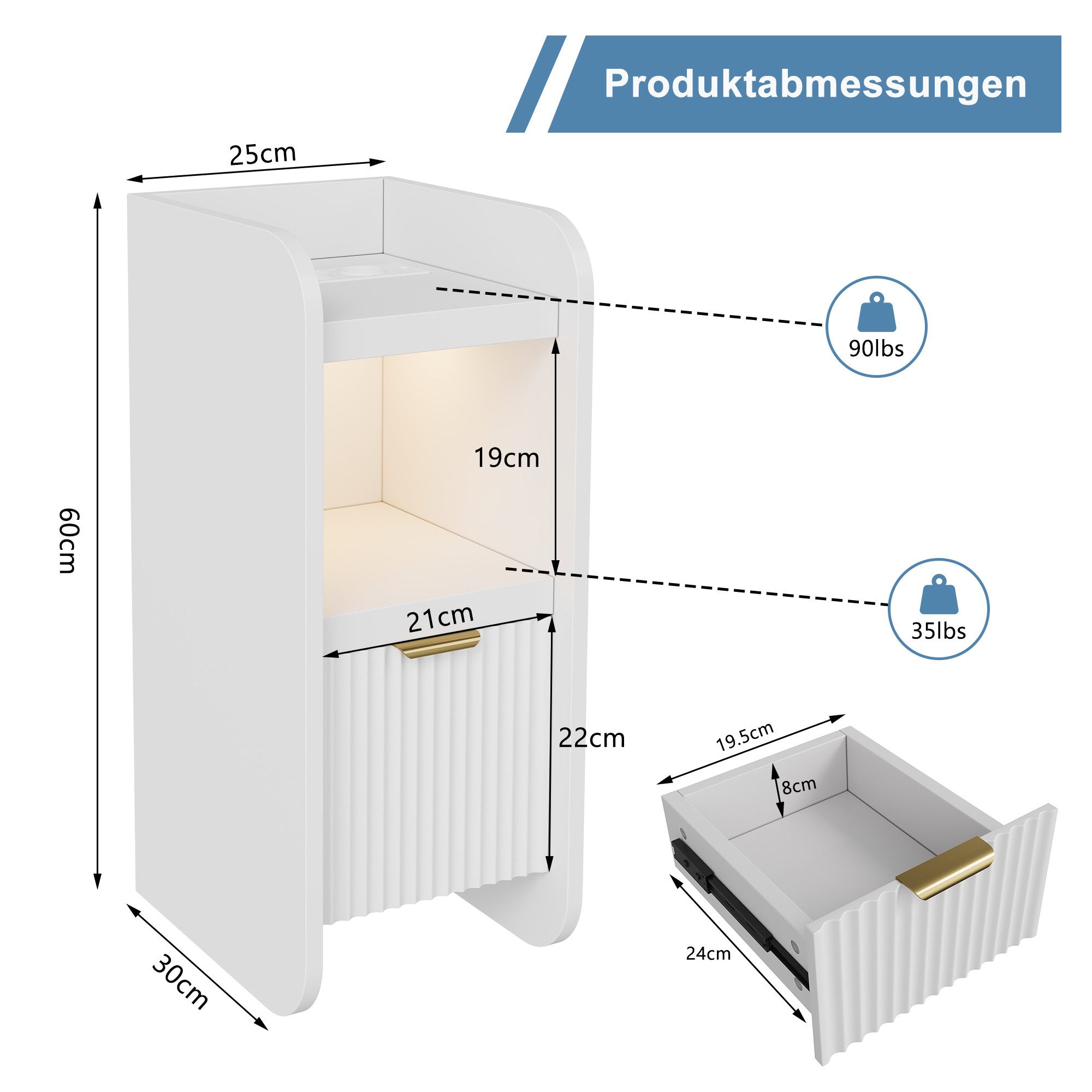 ADWOLT Nachttisch Nachtschrank mit Licht und Ladefunktion Beistelltisch (Set, 1-St., 2er Set), Schmal Beistelltisch mit 1 Schublade