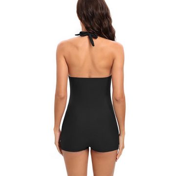 B.X Monokini Damen Einteiliger Vintage-Badean Bauchkontrolle , Bandeau-Bikini Neckholder schlankmachender Badeanzug gerüschter Push-Up-Badeanzug
