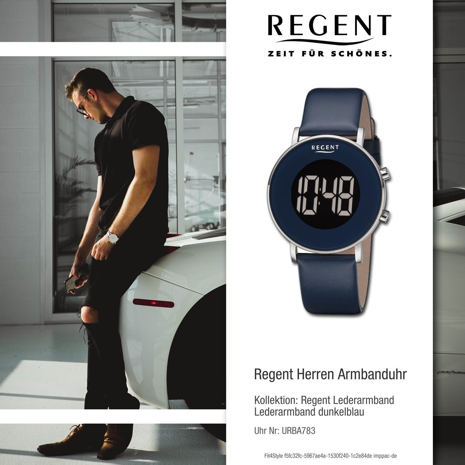 Regent Quarzuhr Regent rundes dunkelblau, Herrenuhr Herren Gehäuse, (ca. Armbanduhr Lederarmband Digital, 40mm) groß