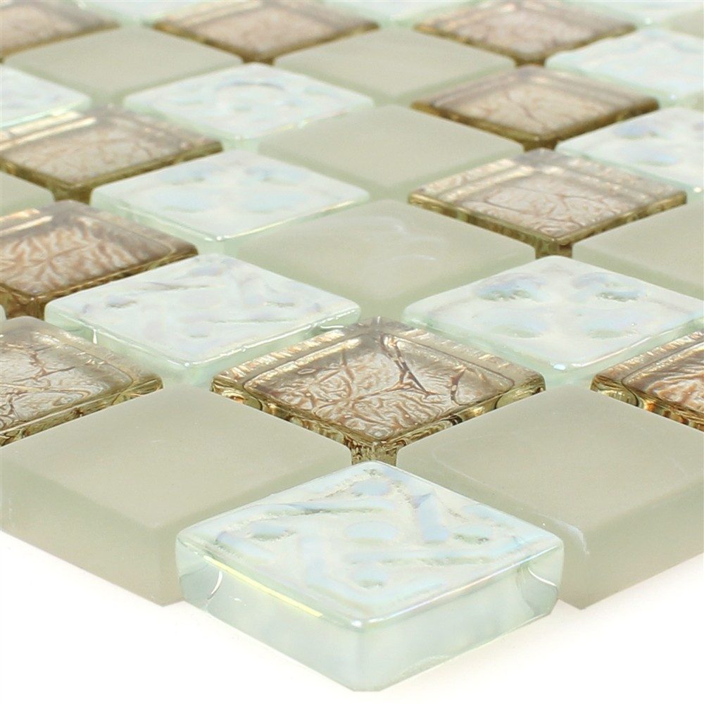 Mosafil Mosaikfliesen Glasmosaik Fliesen Nikolski Lüster, Glas 30.000x30.000, gold-beige-silber, Verlegefertig auf ein Netz geklebt - Wasserfest