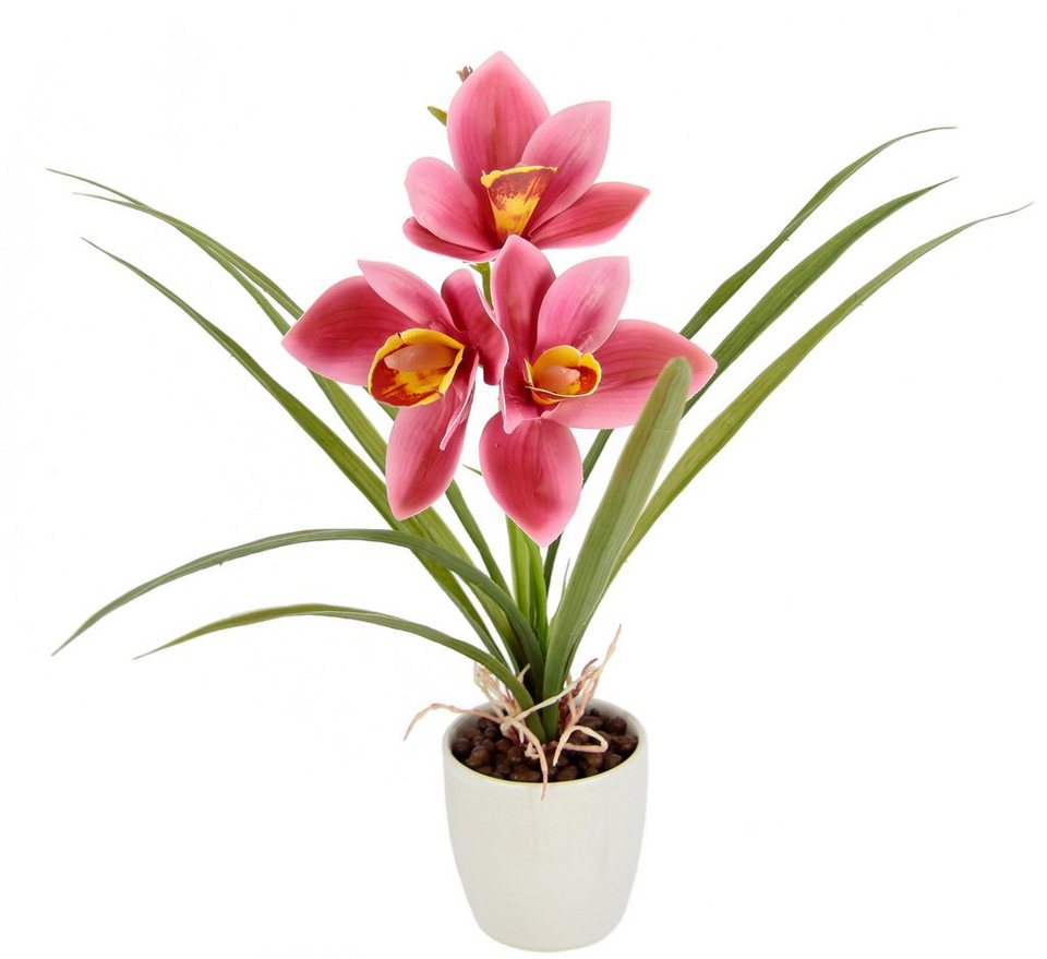 Topf im Künstliche Höhe Blätter Kunstblume Orchidee, I.GE.A., 32 Blume Mit aus Keramik Cymbidium-Orchidee cm,