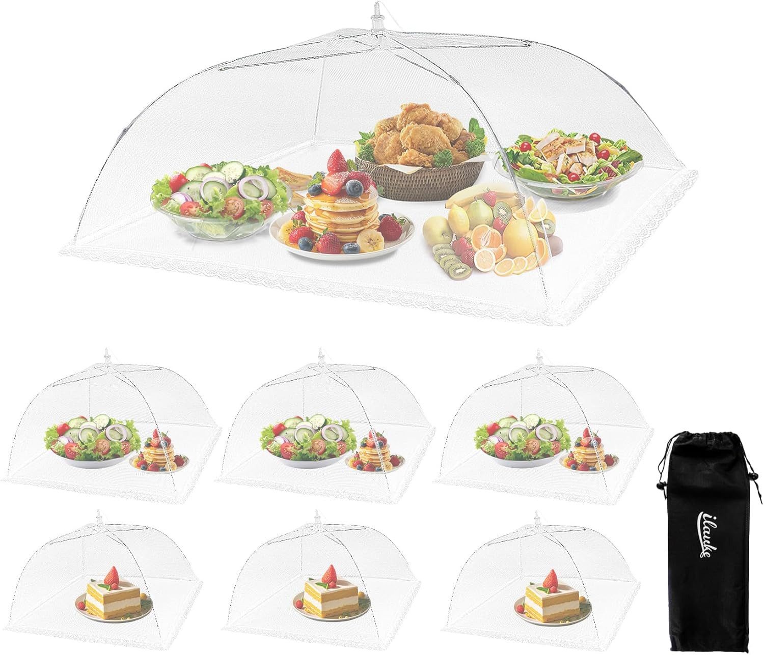 FELIXLEO Schutzhaube Fliegenhaube XXL 7er Set Abdeckhaube fuer Essen Faltbar Weiss,(7-tlg)