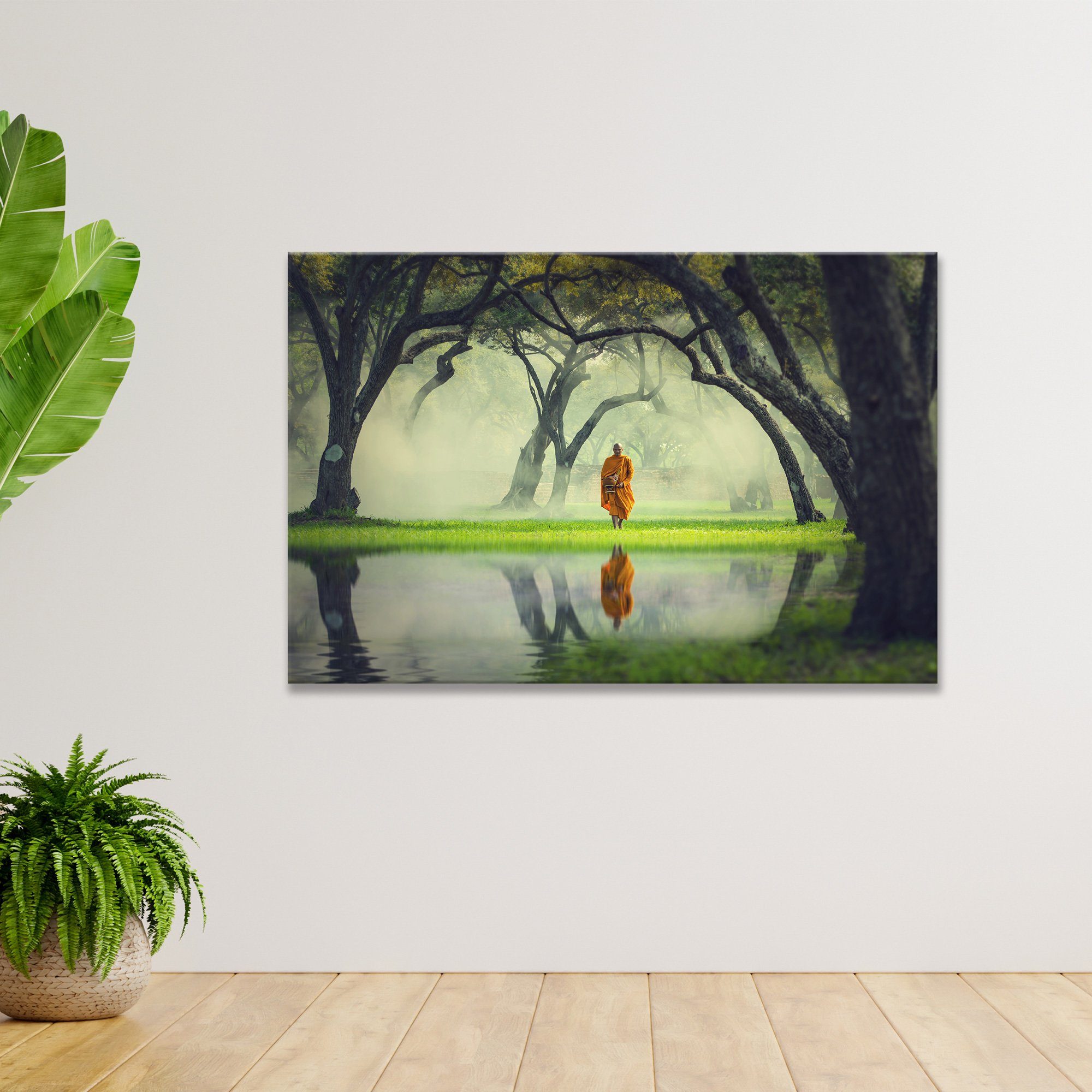 WallSpirit Leinwandbild "Mönch am See" - moderner Kunstdruck - XXL Wandbild, Leinwandbild geeignet für alle Wohnbereiche