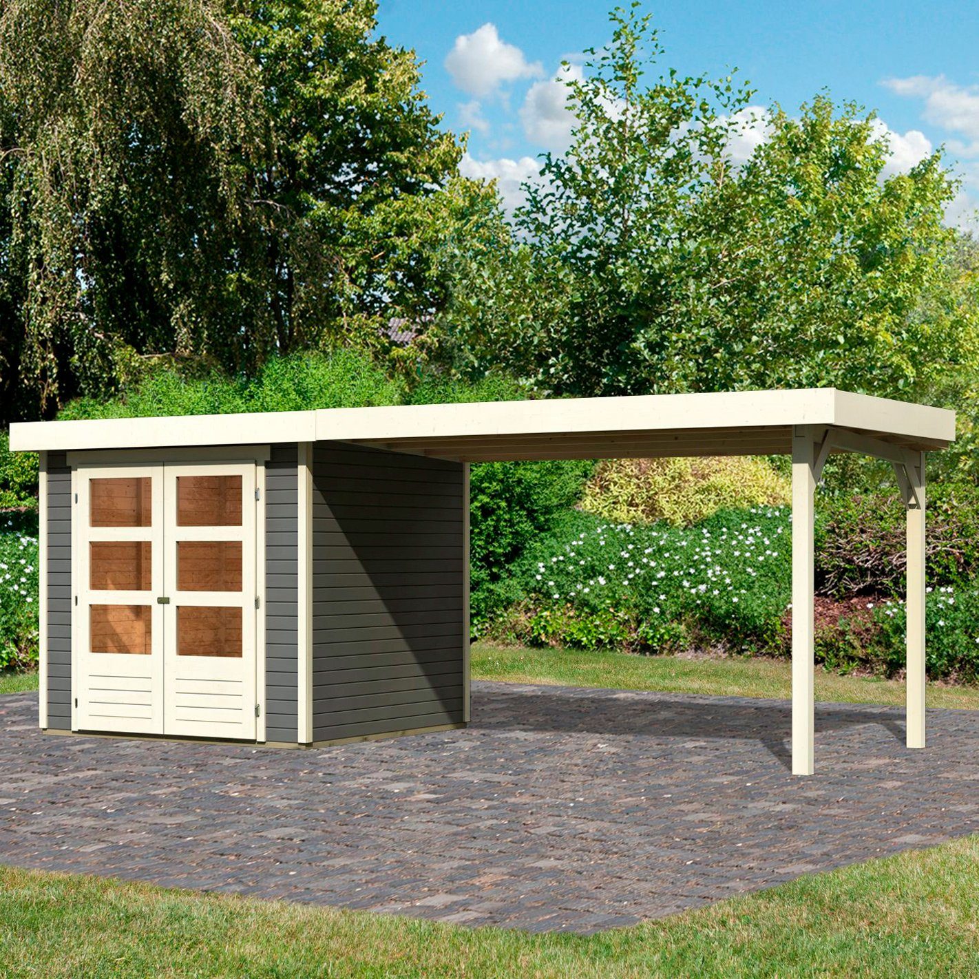 Karibu Gartenhaus Arnis, BxT: 242x238 cm, (Set), mit Anbaudach 2,80 m Breite