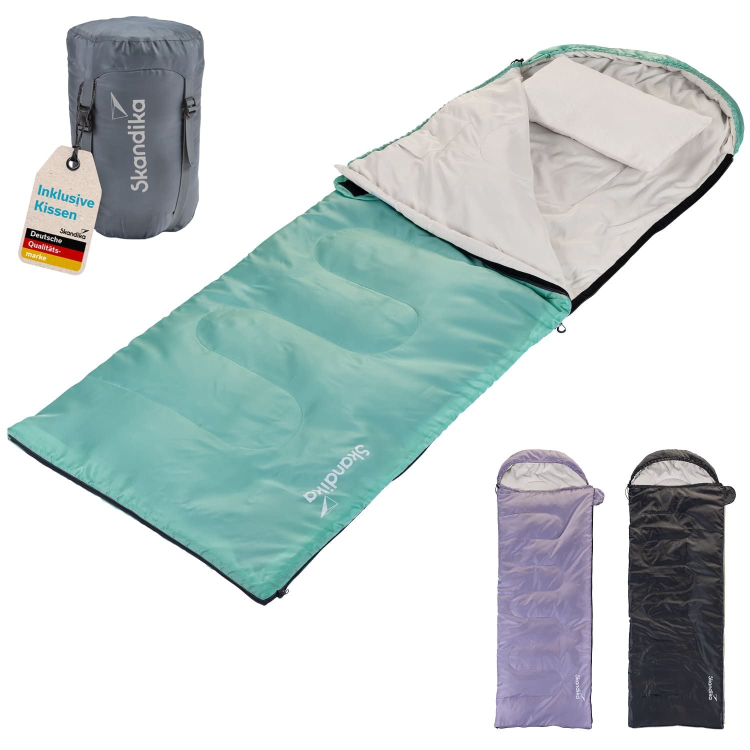 Skandika Schlafsack Schlafsack Rechteckiger Skye, 3 Jahreszeiten, Innentasche mit Klett (Packsack mit Kompressionsbändern und Schutzhaube), mit Kissen, koppelbar, 220 x 75 cm, 250g/m² Mikrofaserfüllung