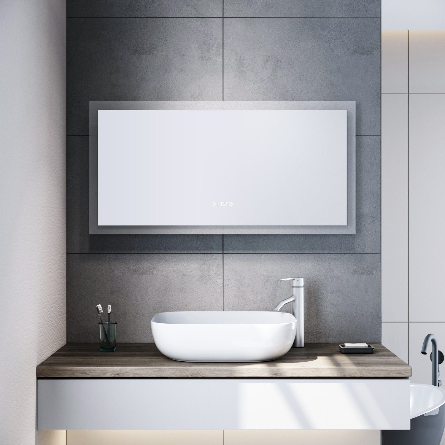SONNI Badspiegel mit led cm 120x60 Badspiegel Beschlagfrei,Touch,Uhr,Temperaturanzeige beleuchtung Beschlagfrei