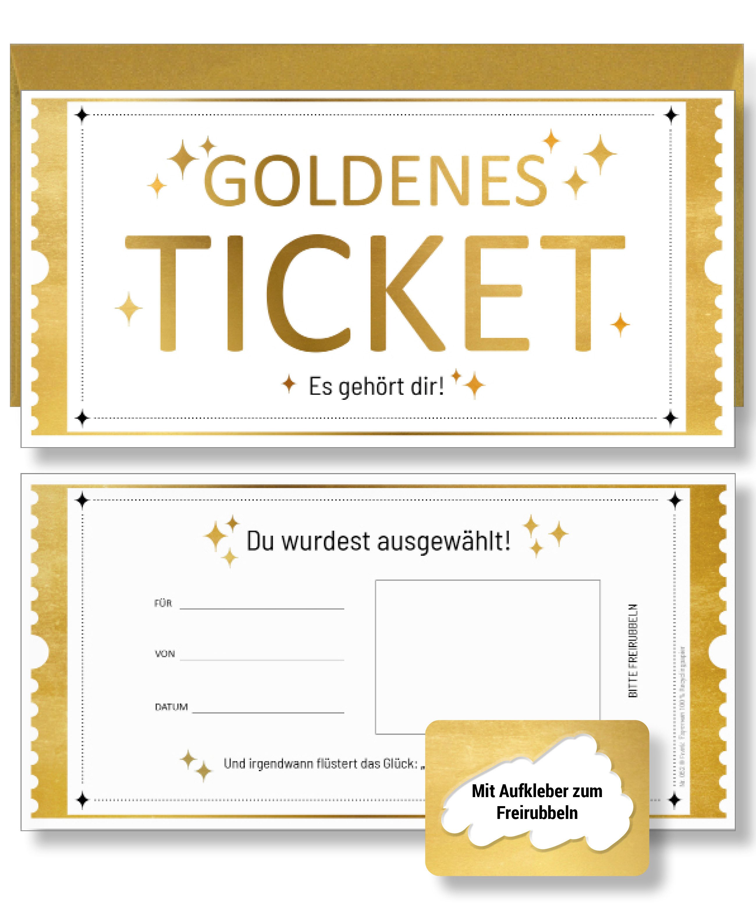 Frank Paperman Geschenkkarte Set Goldenes Ticket Gutschein mit Umschlag & Rubbelaufkleber, 100 % Recyclingpapier, hochwertige Rubbelkarten zum selber beschriften