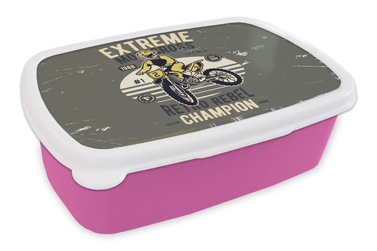MuchoWow Lunchbox Motorrad - Gelb - Retro, Kunststoff, (2-tlg), Brotbox für Erwachsene, Brotdose Kinder, Snackbox, Mädchen, Kunststoff rosa