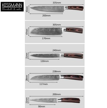 KESSMANN Messer-Set Edelstahl Profi Küchenmesser Set 5 teilig ultra scharf Messerset (Set, 5-tlg., Messer mit Laserschliff Damaskus Kochbesteck Küchenmesser Knife), Kochmesser Fleischmesser Santokumesser Schälmesser Allzweckmesser