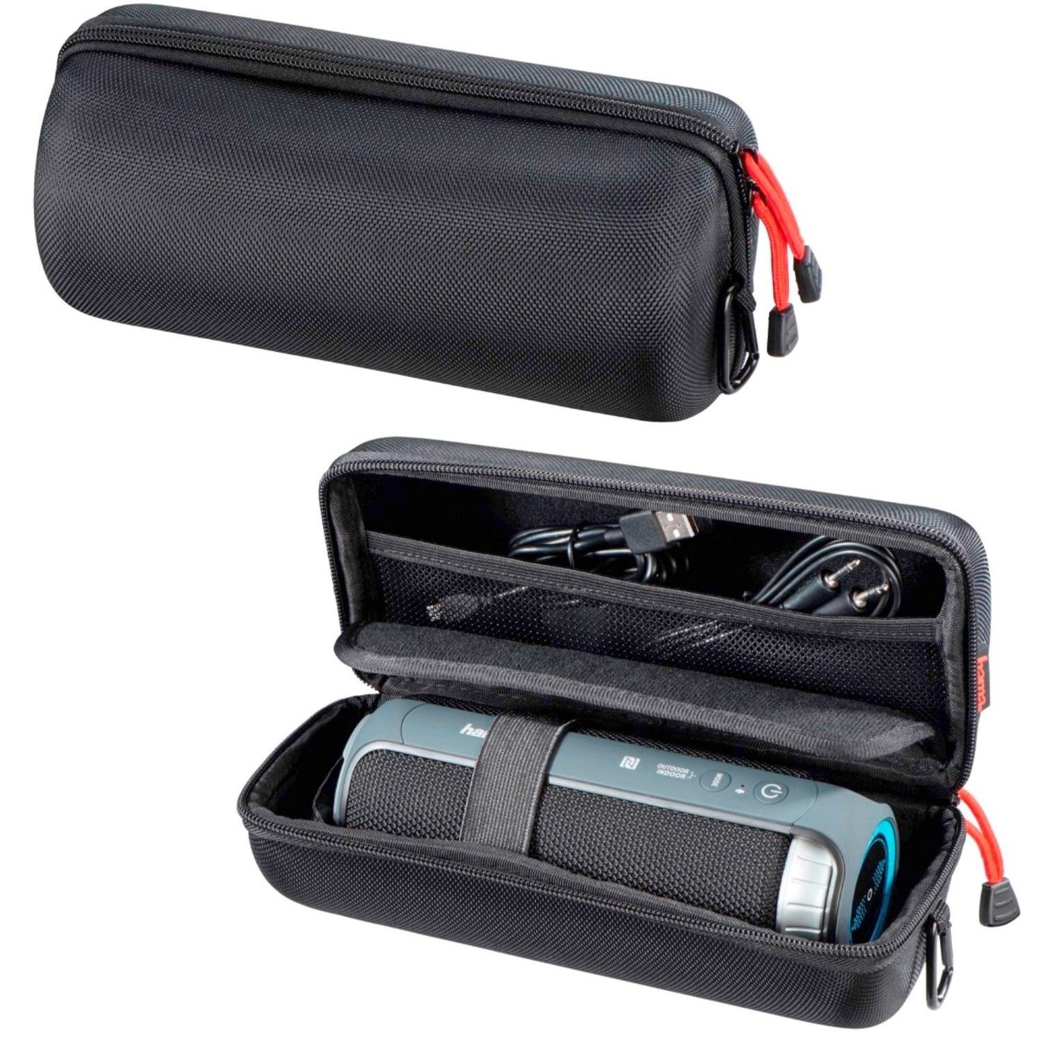 Hama Schutzhülle Lautsprecher-Tasche Hard-Case Schwarz, Universal Schutz-Hülle für tragbar Bluetooth BT Speaker, Aufbewahrung für mobile Lautsprecher, rund, mit Neztfach für Zubehör, Inneneinteiler für unterschiedliche Größen