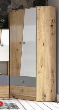 Feldmann-Wohnen Eckschrank Nero (2 Türen, rechts 3 Einlegeböden, 2 Schubladen mit Rollenschubführung, 1-St., verstellbare Scharniere, Knopfgriffe aus Kunststoff) 87cm eiche / weiß-grau matt mit grauen Knopfgriffen