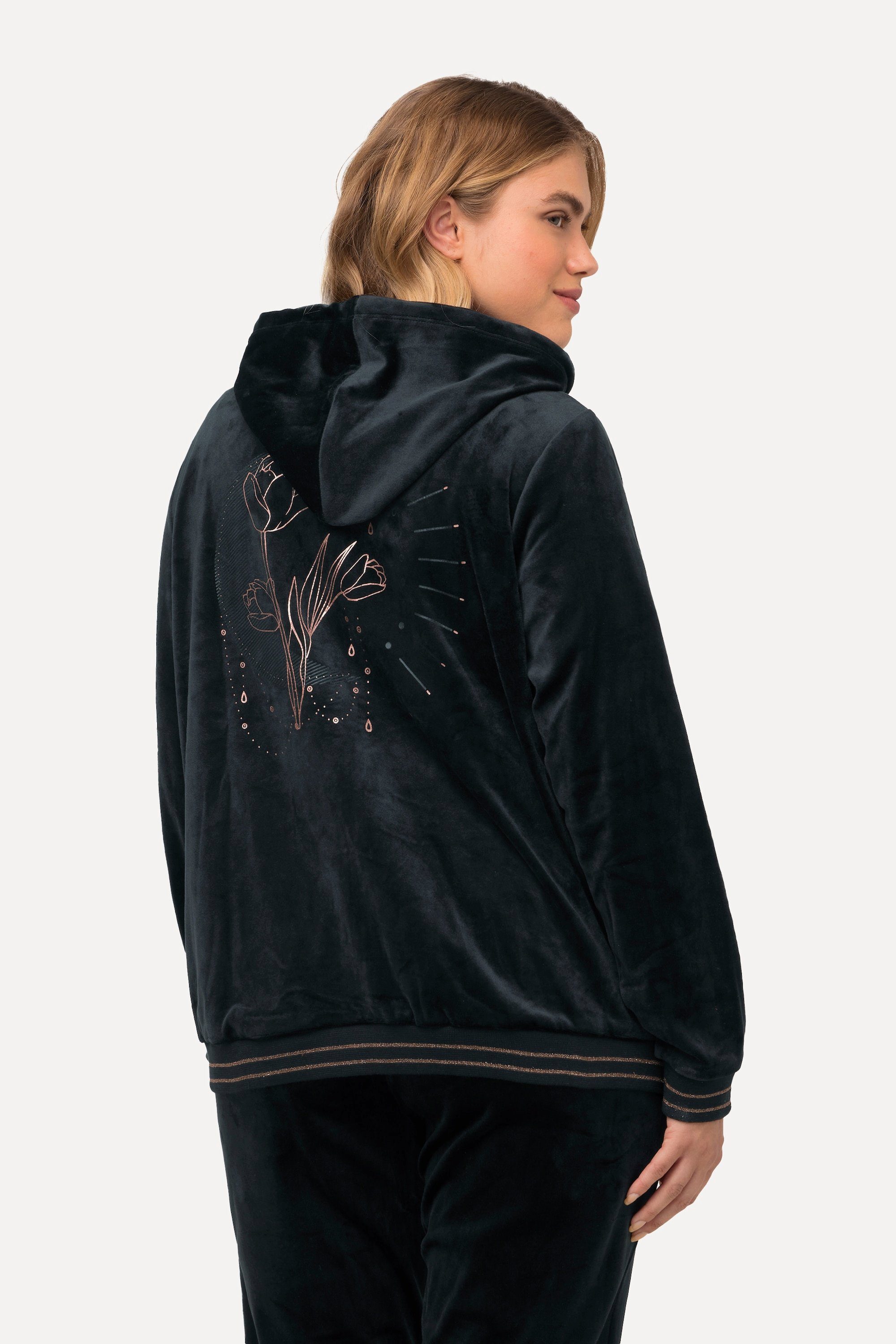 Glitzerdetails schwarz Popken Kapuze Samt-Sweatjacke Ulla Tulpen Sweatjacke