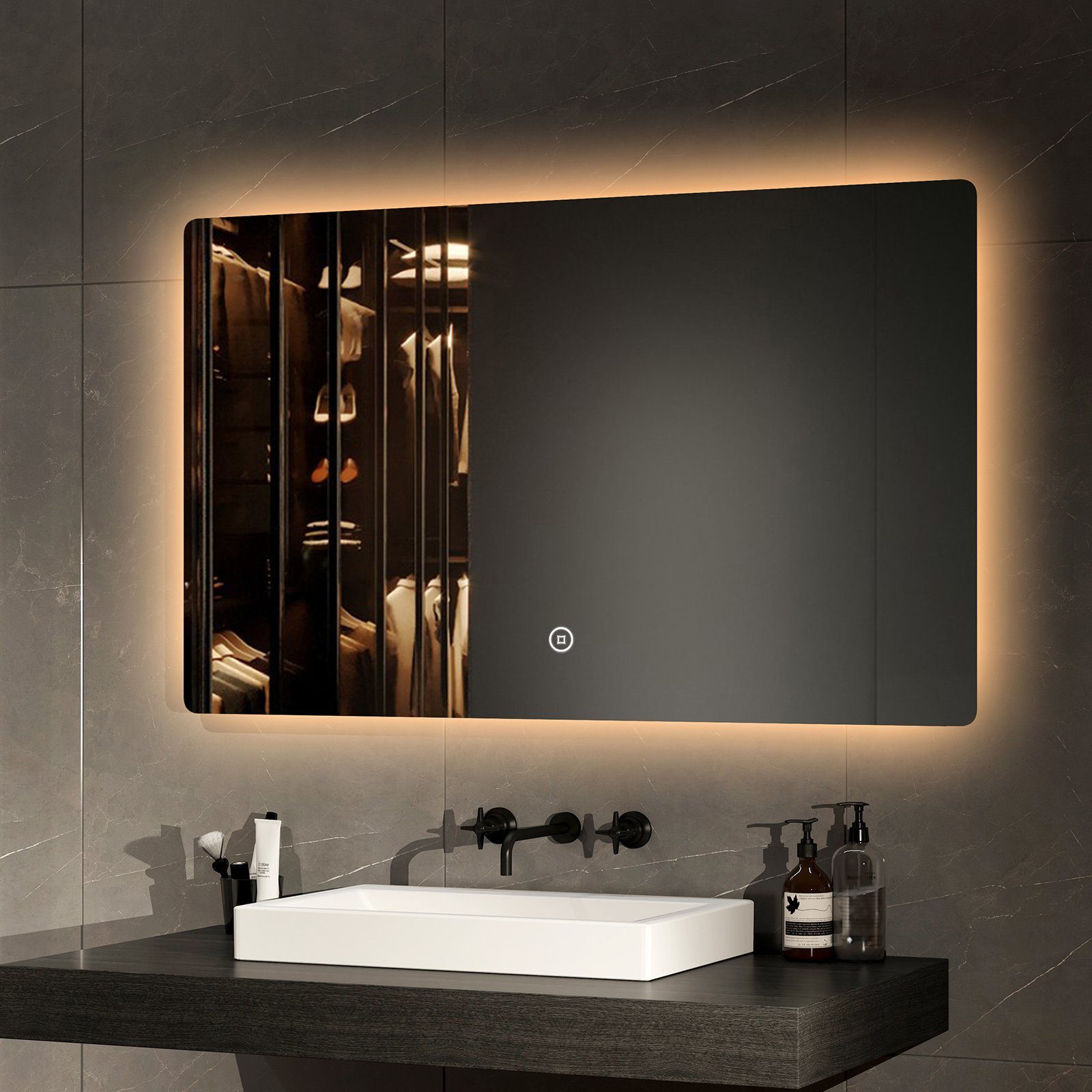 EMKE Badspiegel LED Badezimmerspiegel mit Beleuchtung rahmenlos Rechteckig Wandspiegel (Horizontal Monatge), mit Touch 3 Farben des Lichts Dimmbar 80-100cm IP44