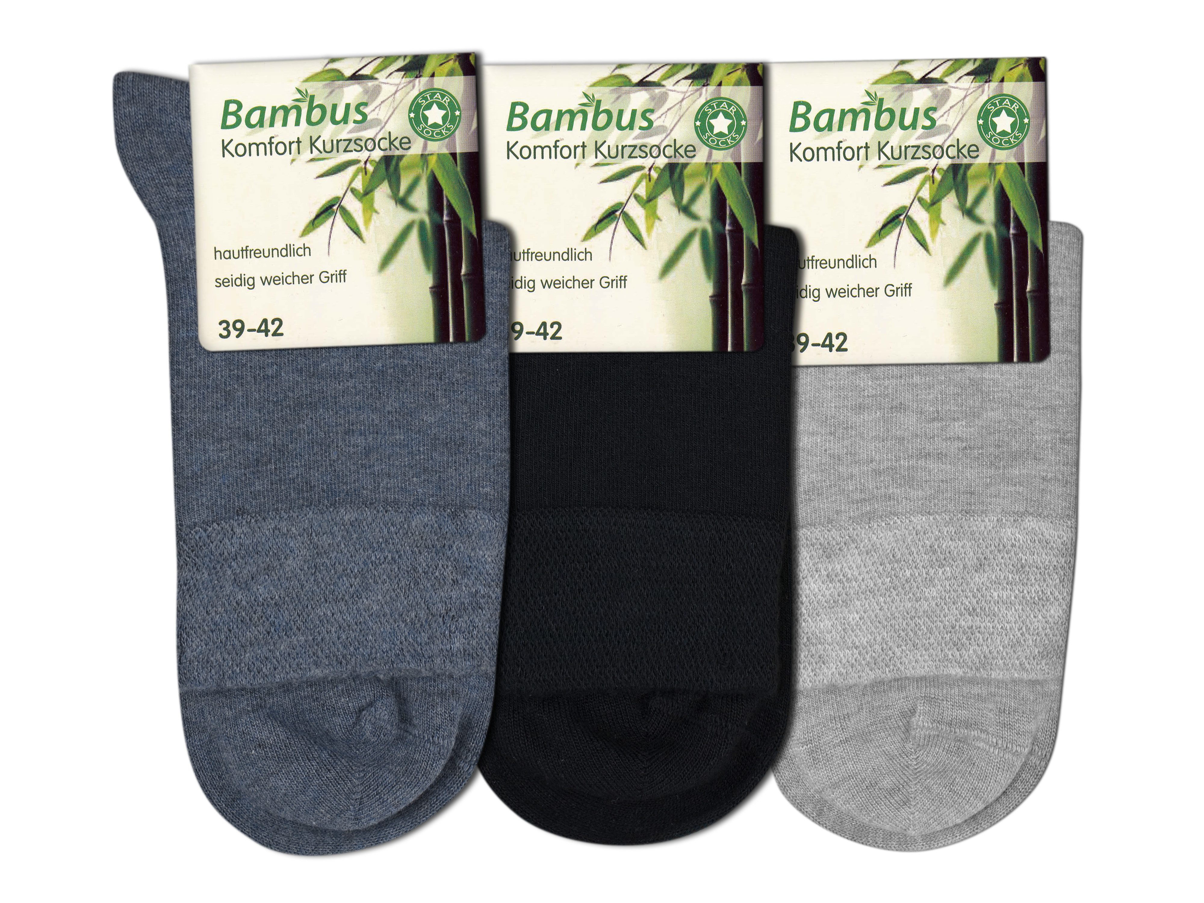 Die Sockenbude Kurzsocken BAMBUS (Bund, 3-Paar, grau, blau, schwarz) mit weichem Komfortbund ohne Gummi