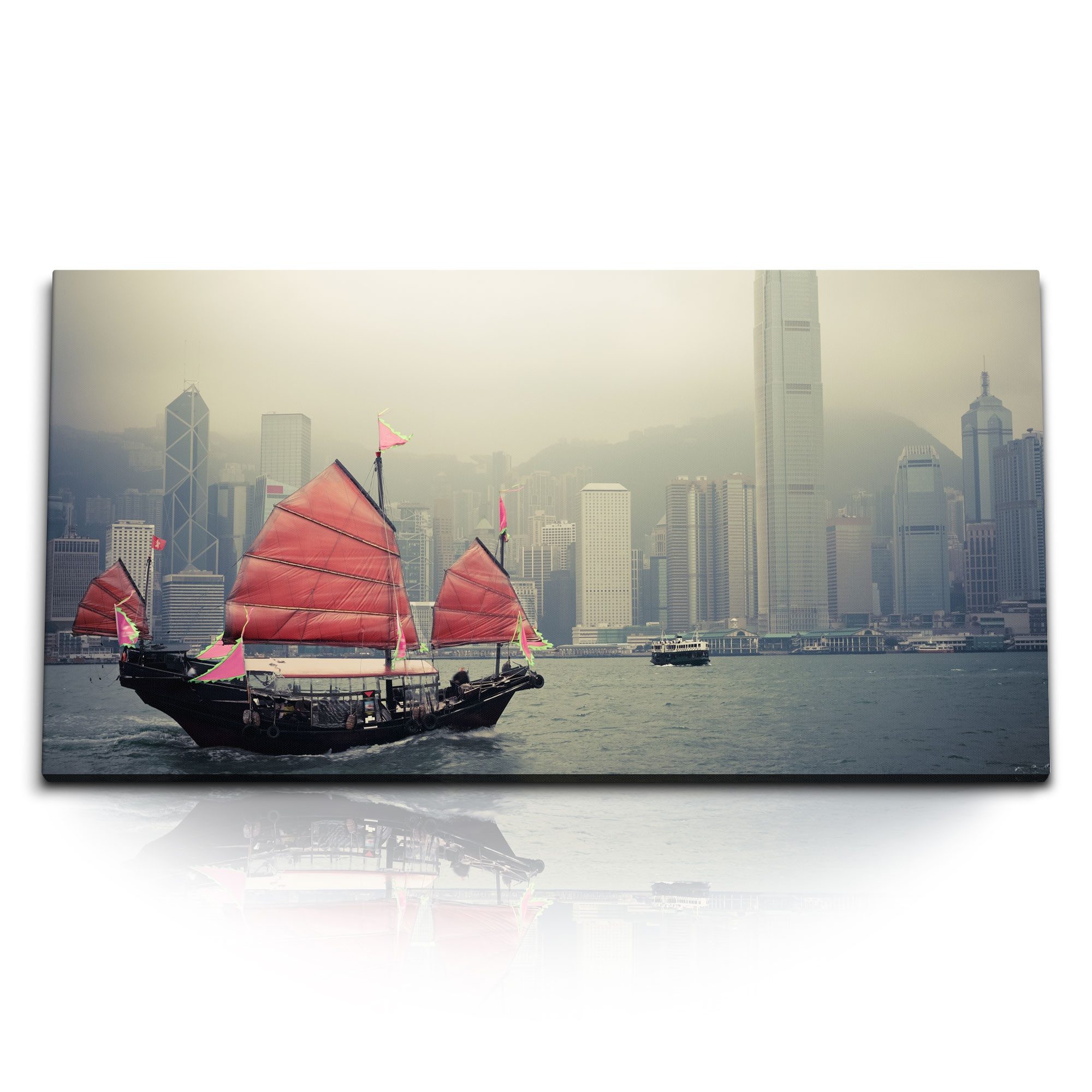 Leinwandbild Kunstdruck Bilder 120x60cm Hongkong chinesisches Segelschiff Wolkenkra