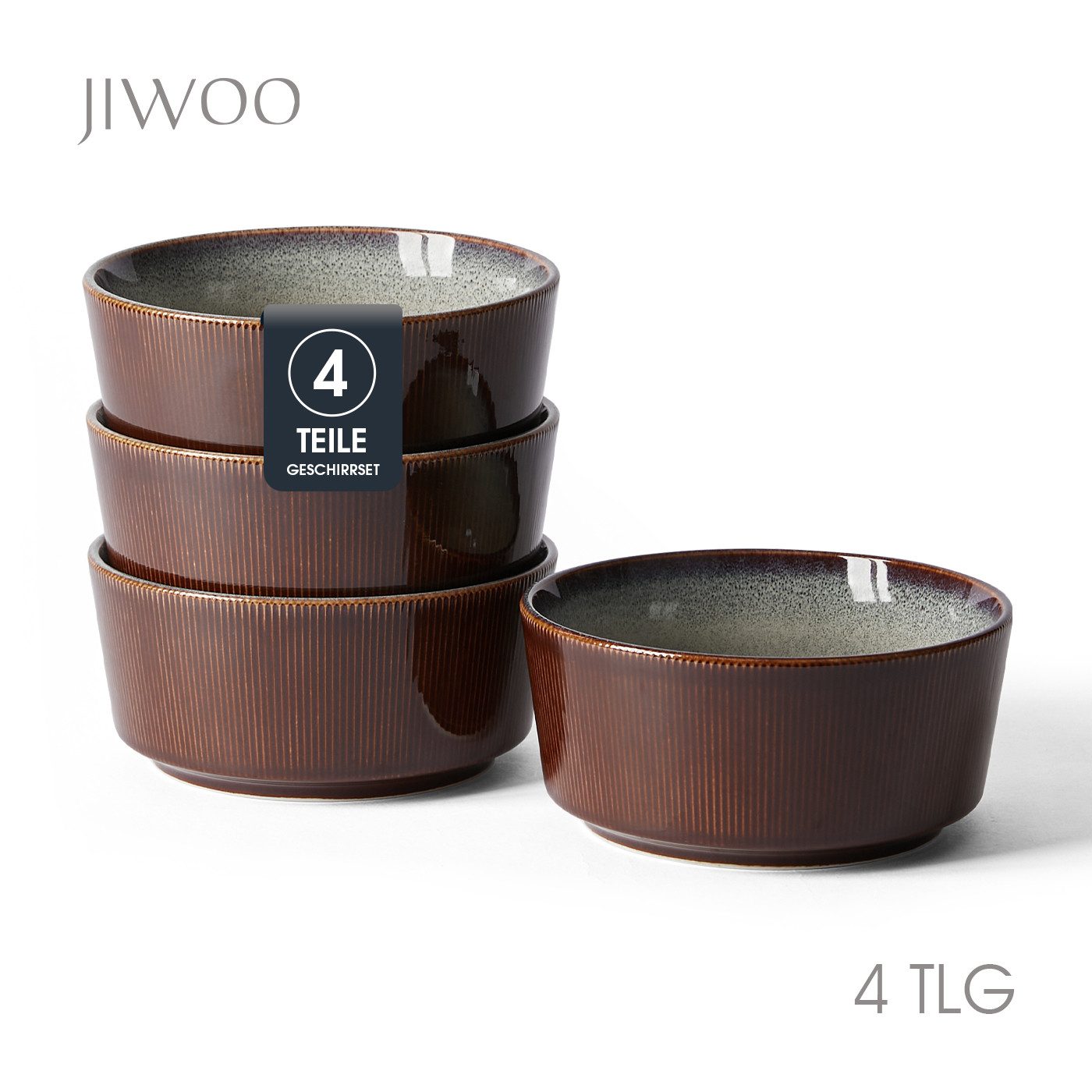 JIWOO Salatschüssel 4er Ø15,3cm, Müslischüssel Suppenschüssel Suppenschale Dessertschale, Keramik, (Set, 4-tlg), Bowl, Hochwertiges Schüssel Braun Mikrowellen spülmaschinenfest