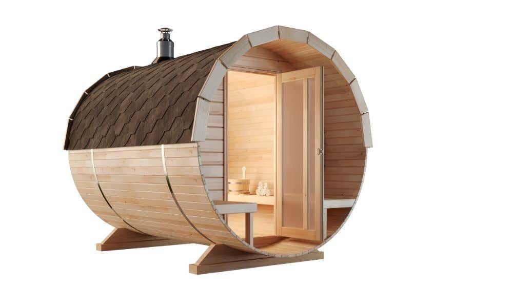 FinnTherm Fasssauna Carrie, BxTxH: 220 x 280 x 228 cm, 42 mm, in Naturbelassen Inkl. Fußboden