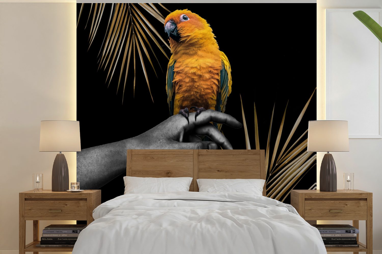 MuchoWow Fototapete Vogel - Papagei - Hand - Farn, Matt, bedruckt, (5 St), Vinyl Tapete für Wohnzimmer oder Schlafzimmer, Wandtapete