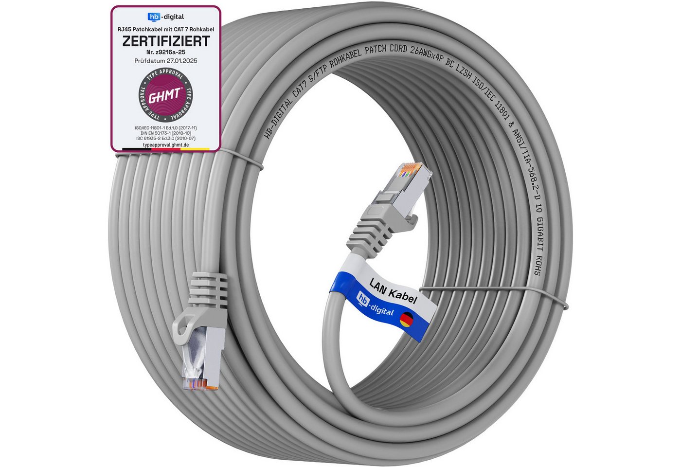 HB-DIGITAL Patchkabel CAT.7 Rohkabel LAN Kabel Cat7 S/FTP PiMF LSZH Netzwerkkabel, Netzwerkstecker, RJ-45 (2000 cm), Kontaktoberfläche: Pins Vergoldet 50µ