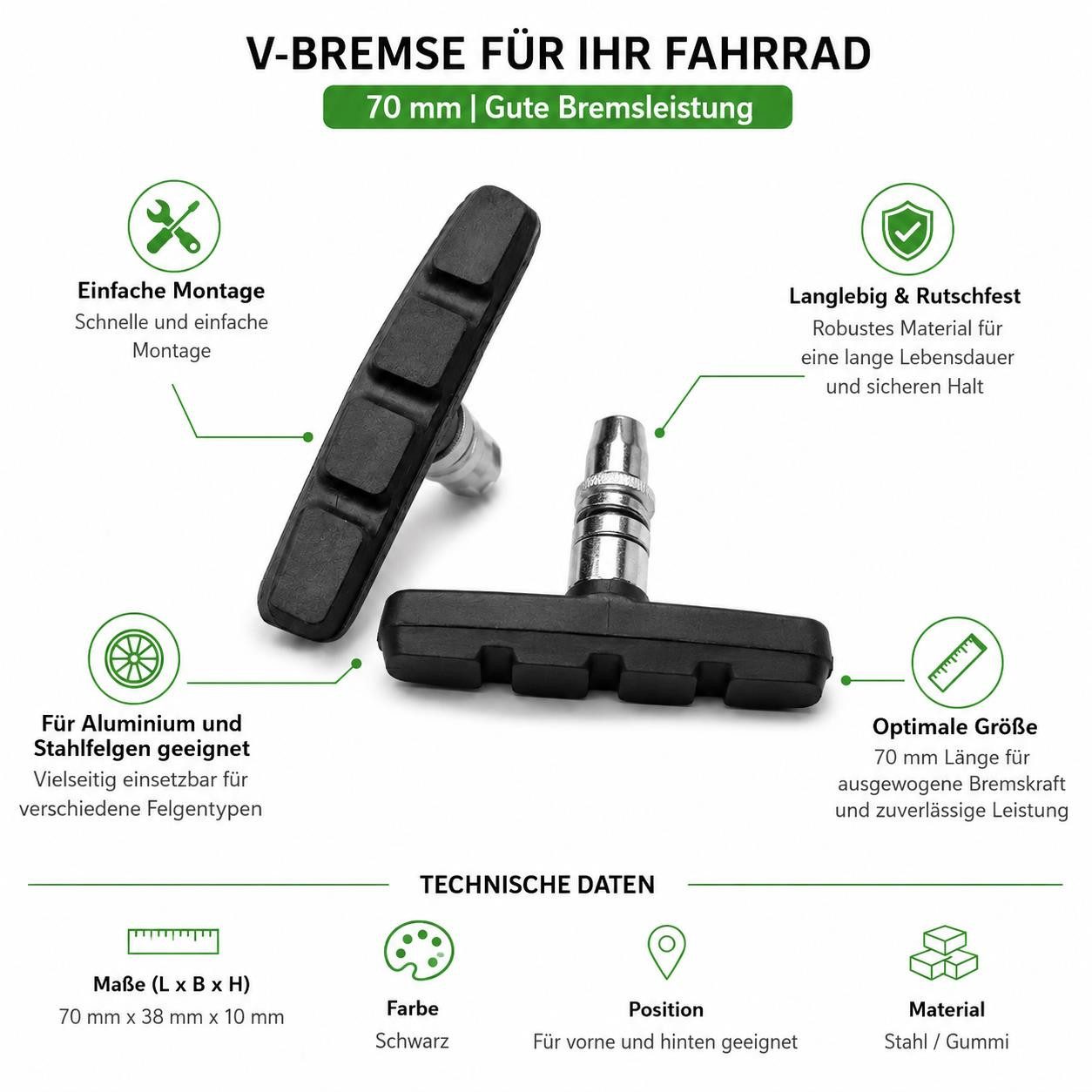 BAYLI V-Brake 8 Stück Fahrrad Bremsen Set für Shimano, 4 Paar Bremsschuhe schwarz