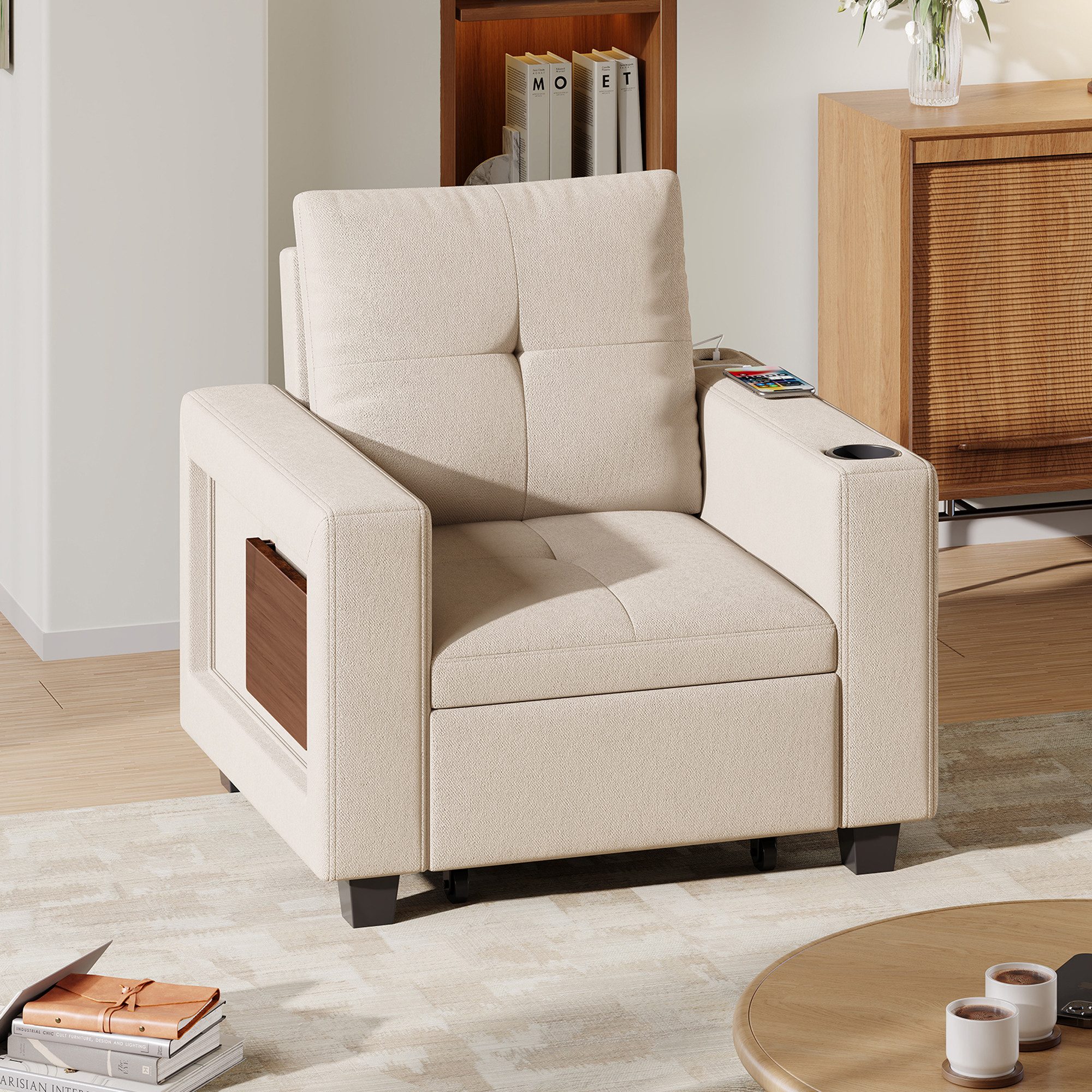 zebery Schlafsofa Daybett Tagesbett Ausziehbares mit Bettfunktion, Set 1 Teile, 90x90x78 cm,Verstellbare Rückenlehne,USB + Typ-C,Getränkehalter,Samt