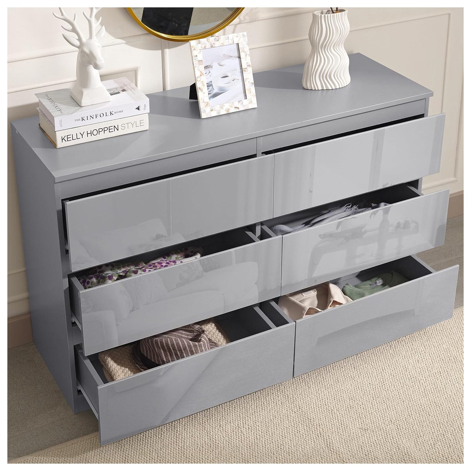 HTI-Living Kommode Kommode Kenji 8 Schubladen Hochglanz Grau (Stück, 1 St., 1 Kommode), Sideboard